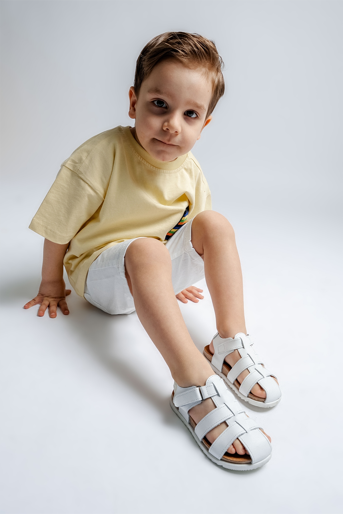 Unisex Çocuk Beyaz Hakiki Deri Mantar Tabanlı Günlük Çocuk Sandalet - Görsel 2