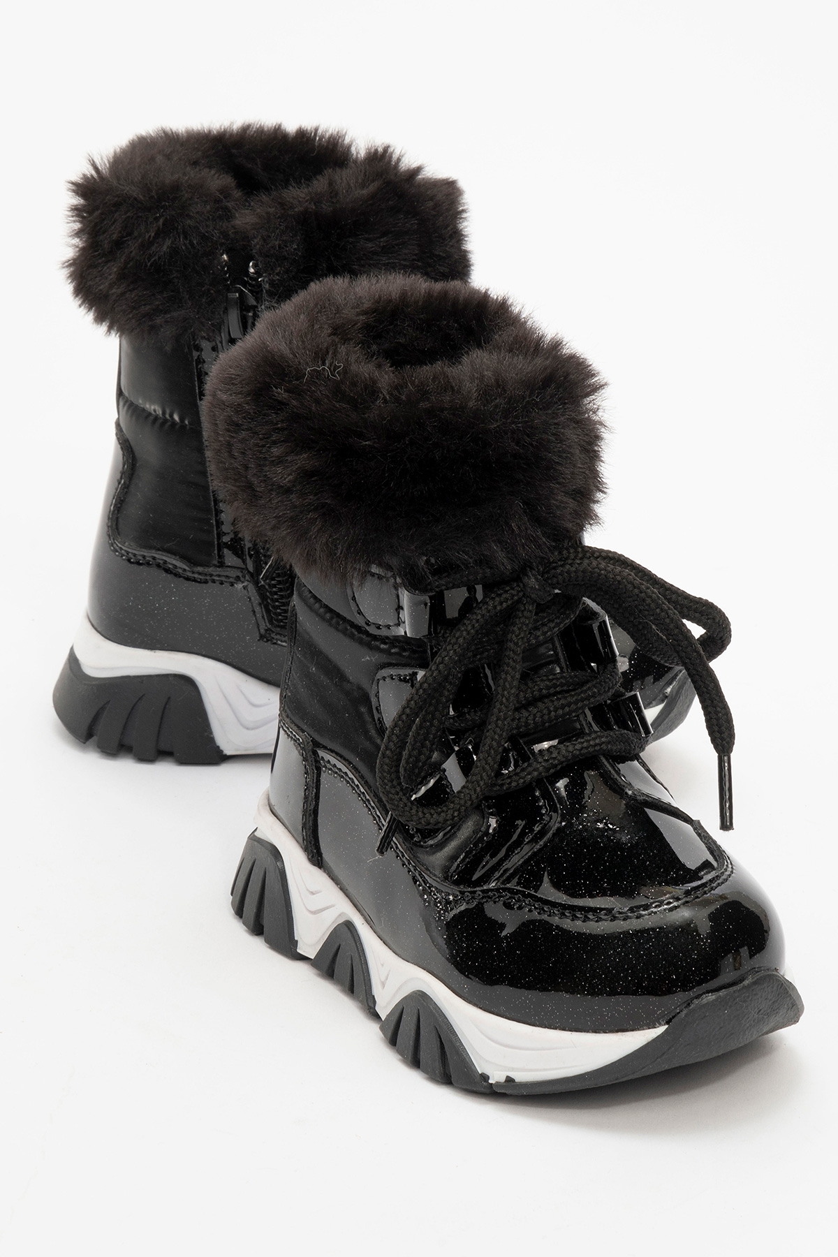 Kız Çocuk Siyah Simli Rugan Deri Suya Dayanıklı Kürklü Günlük Bot - Görsel 2