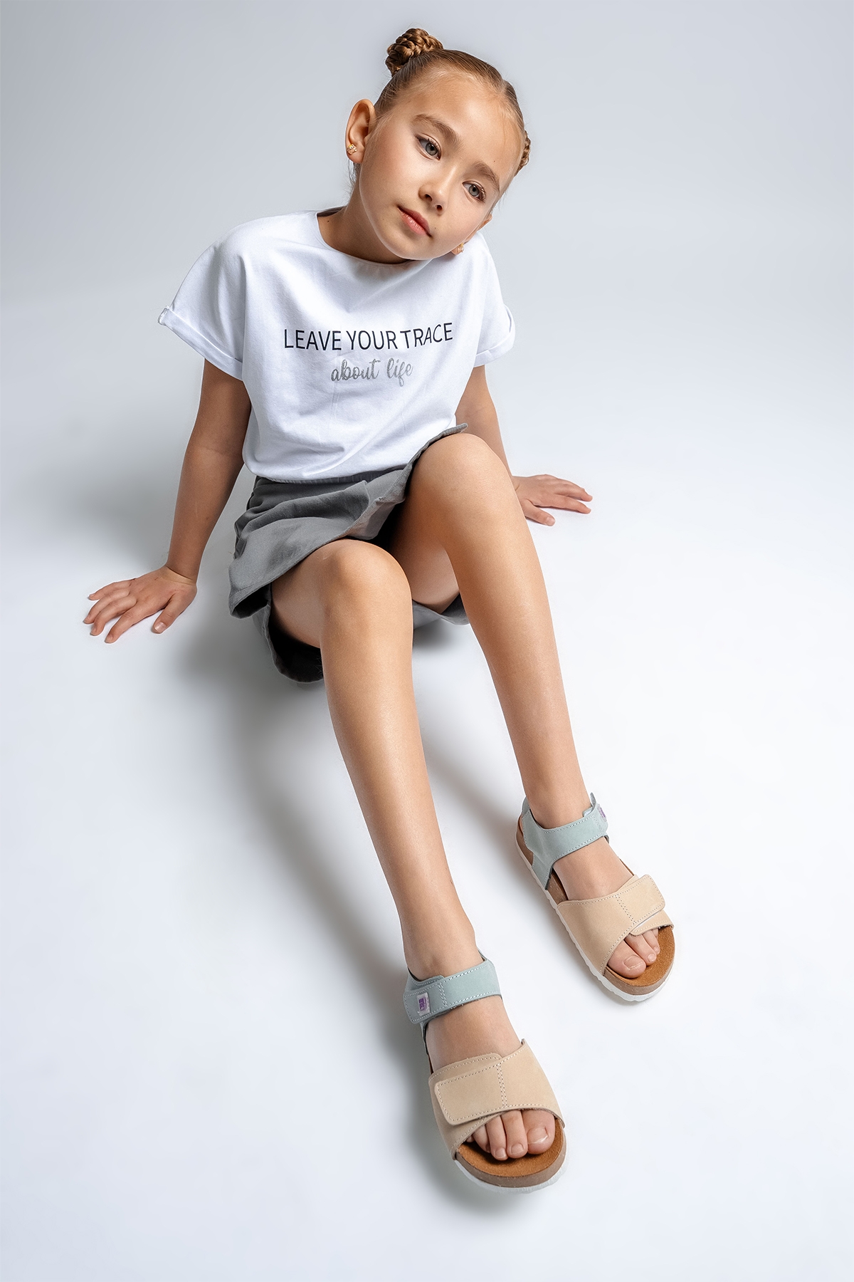 Unisex Çocuk Sarı-Su Yeşili Hakiki Deri Mantar Tabanlı Günlük Çocuk Sandalet - Görsel 2