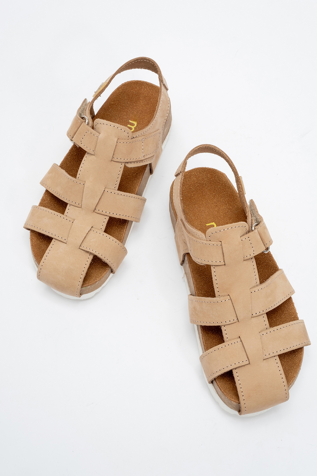 Unisex Çocuk Bej Hakiki Deri Mantar Tabanlı Günlük Çocuk Sandalet - Görsel 4