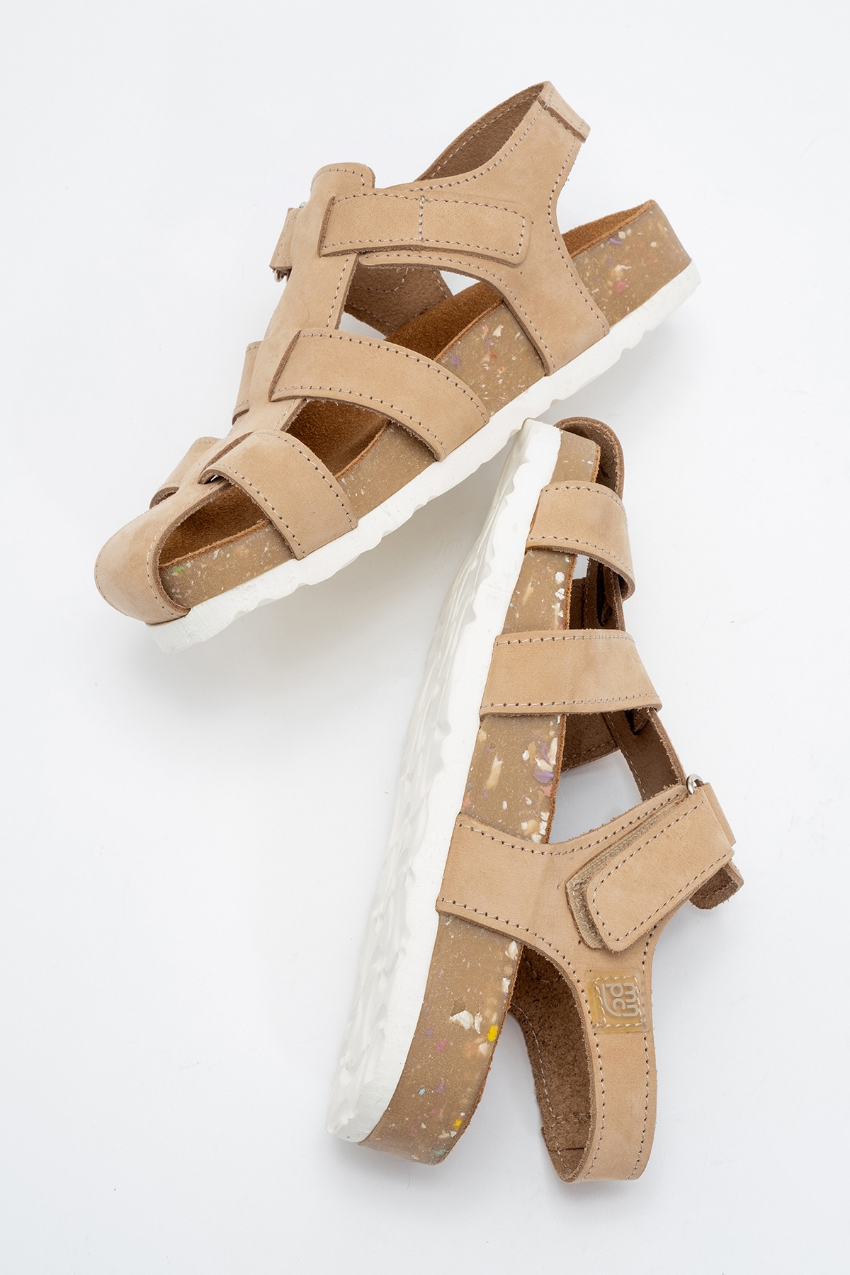 Unisex Çocuk Bej Hakiki Deri Mantar Tabanlı Günlük Çocuk Sandalet - Görsel 5