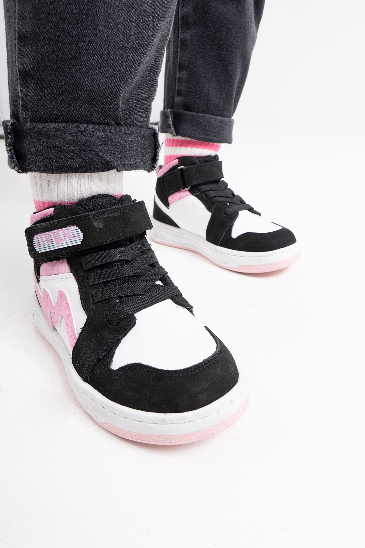 Unisex Çocuk Siyah-Pembe Hakiki Deri Anatomik Günlük Bot - Görsel 6