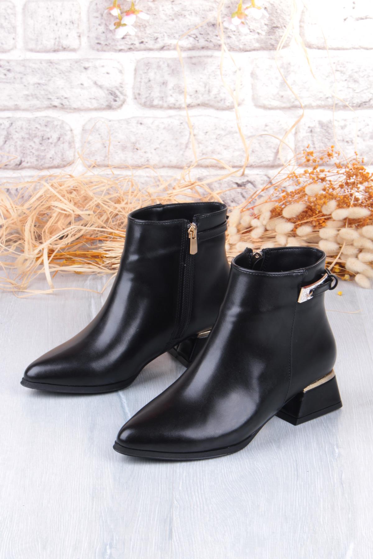 358-714 Toka Detaylı Burnu Sivri 3 Cm Kalın Topuk Fermuarlı Kadın Bot - Görsel 8