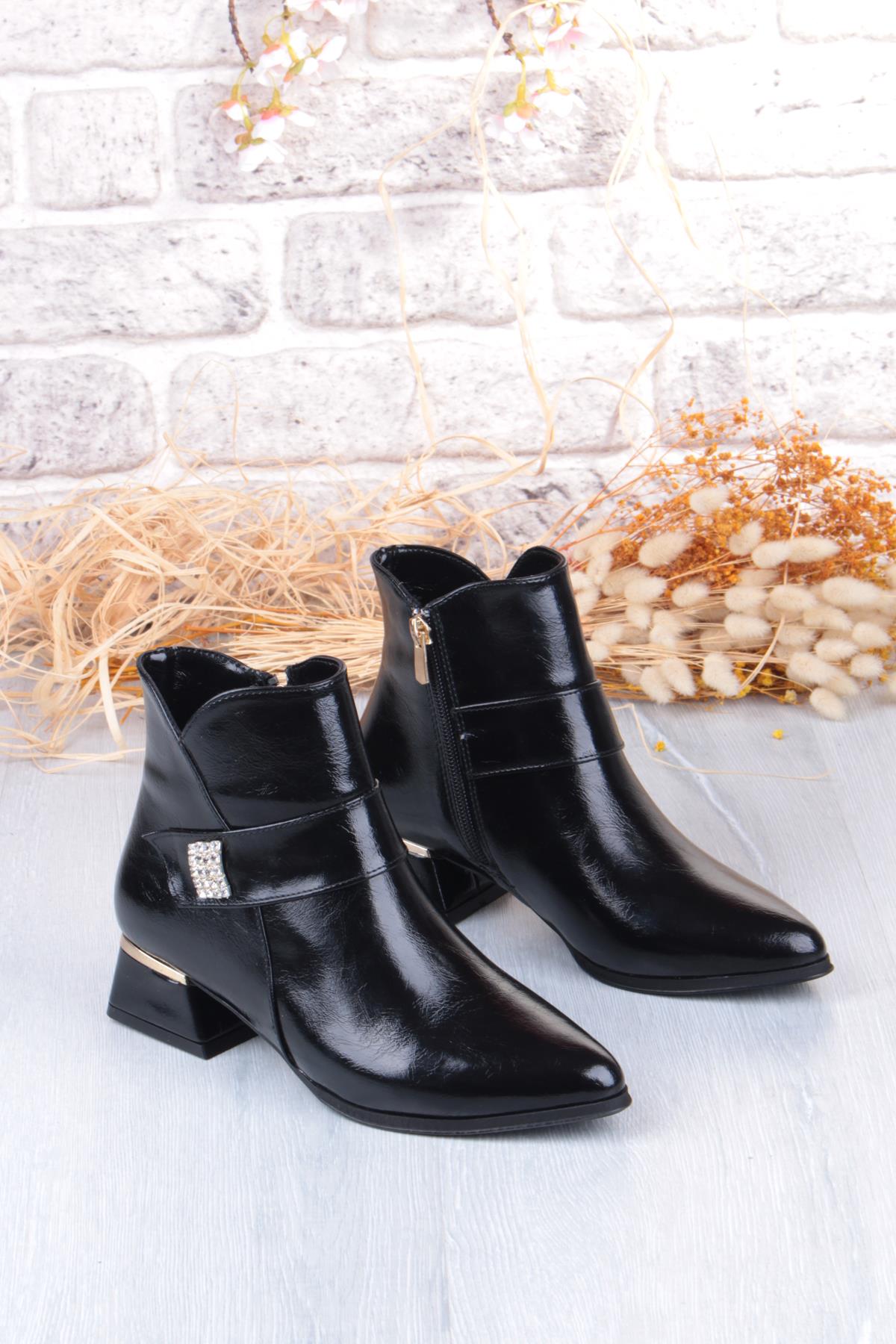 358-701 Toka Detaylı Burnu Sivri 3 Cm Kalın Topuk Fermuarlı Kadın Bot - Görsel 6