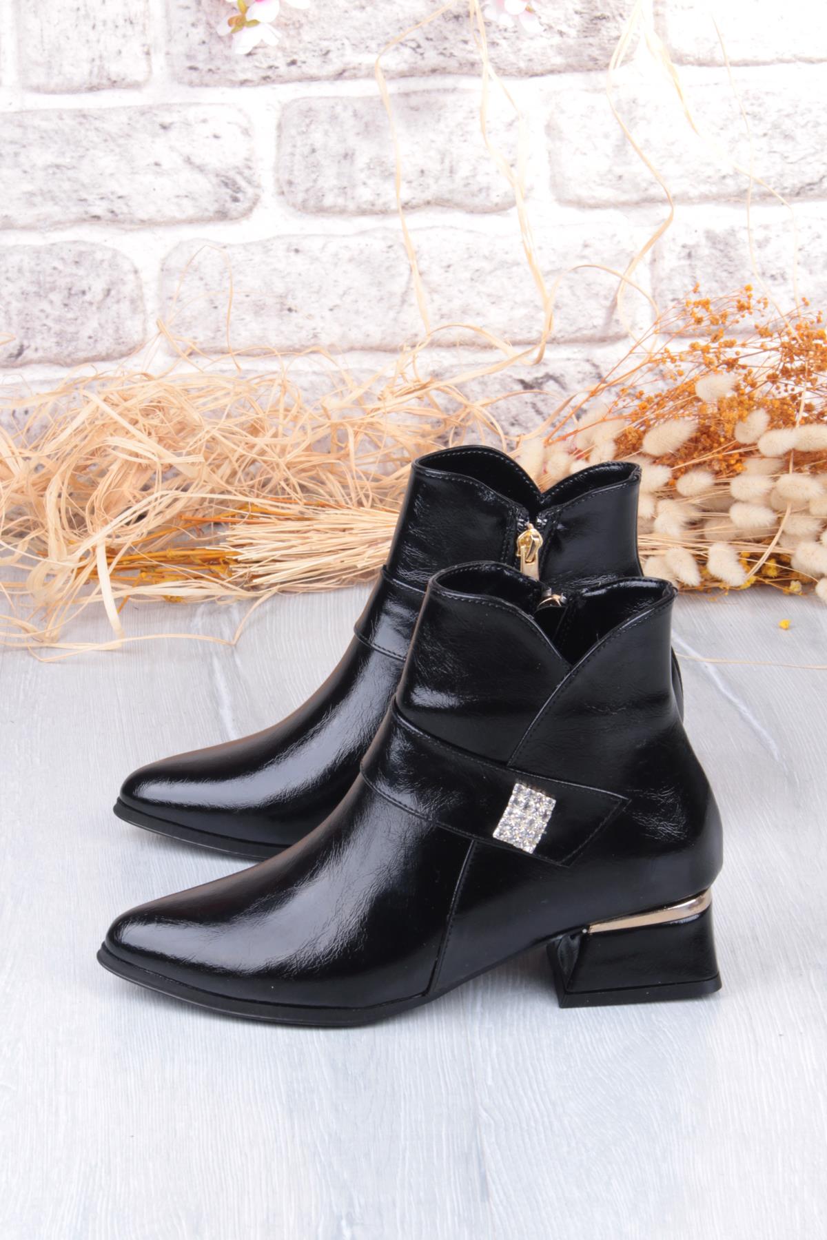 358-701 Toka Detaylı Burnu Sivri 3 Cm Kalın Topuk Fermuarlı Kadın Bot - Görsel 8