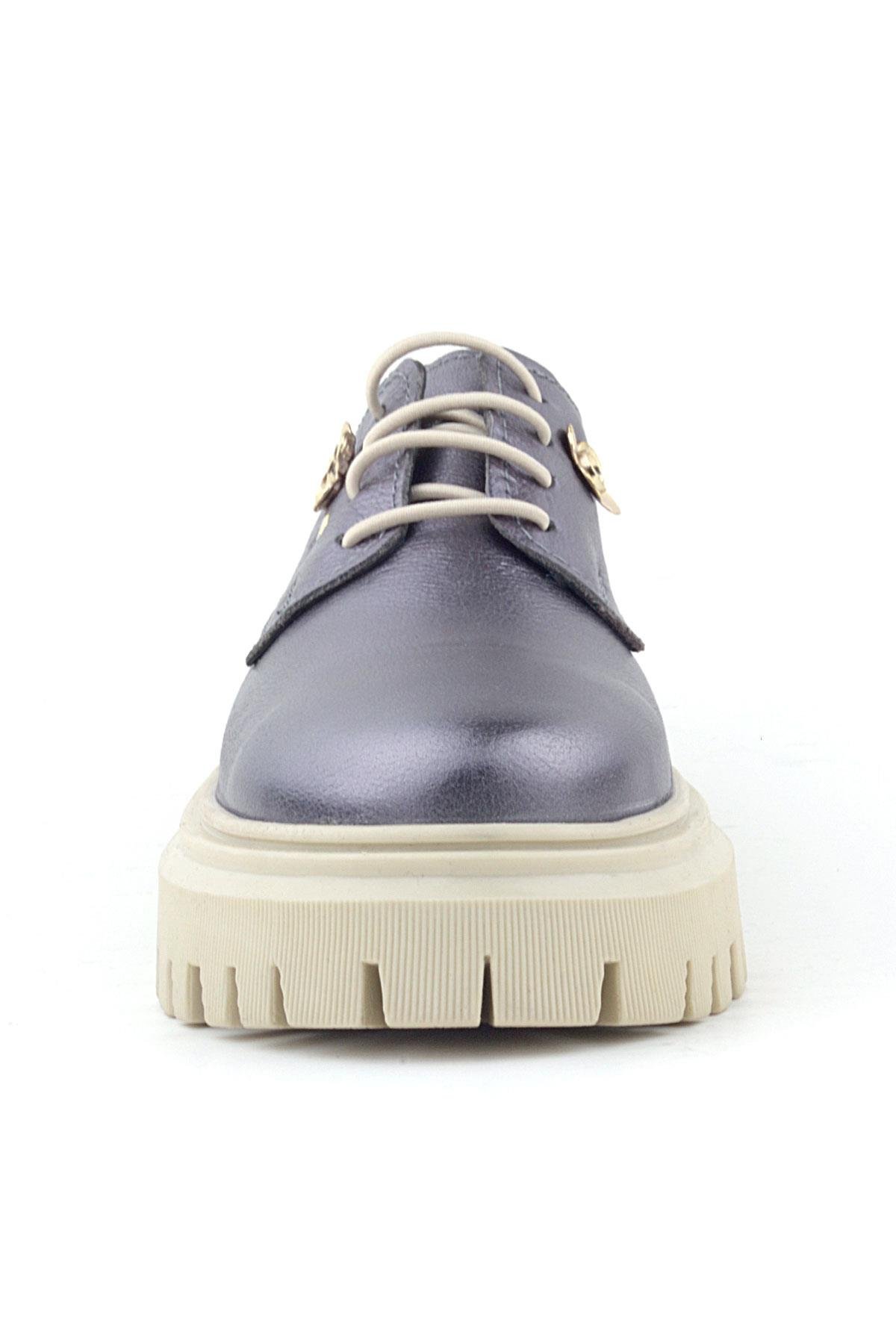 Platin Hakiki Deri Çiçek Detaylı Bağcıklı Oxford Günlük Ayakkabı - Görsel 5