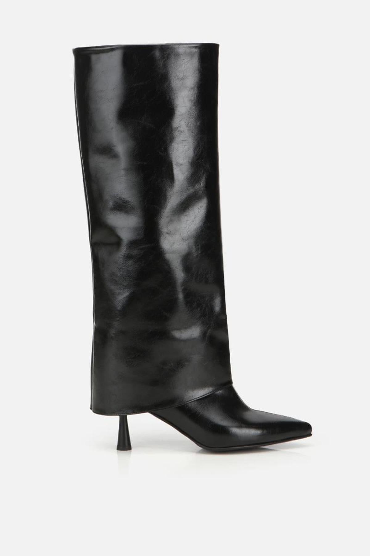 Kadın Rugan Siyah Kırışık Görünümlü Topuklu Çizme - Görsel 2