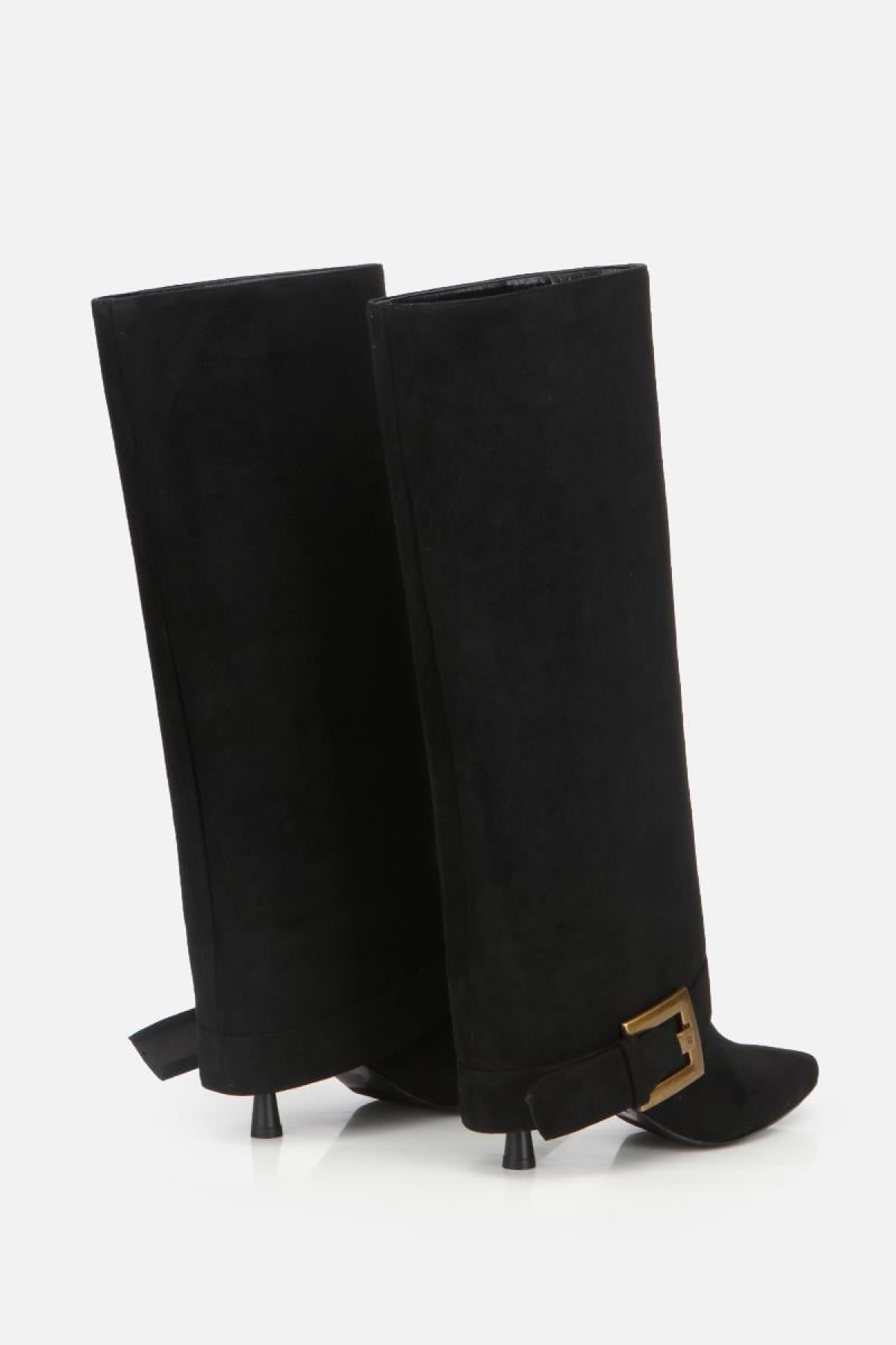Kadın Süet Siyah Pantolon Görünümlü Tokalı Topuklu Çizme - Görsel 4