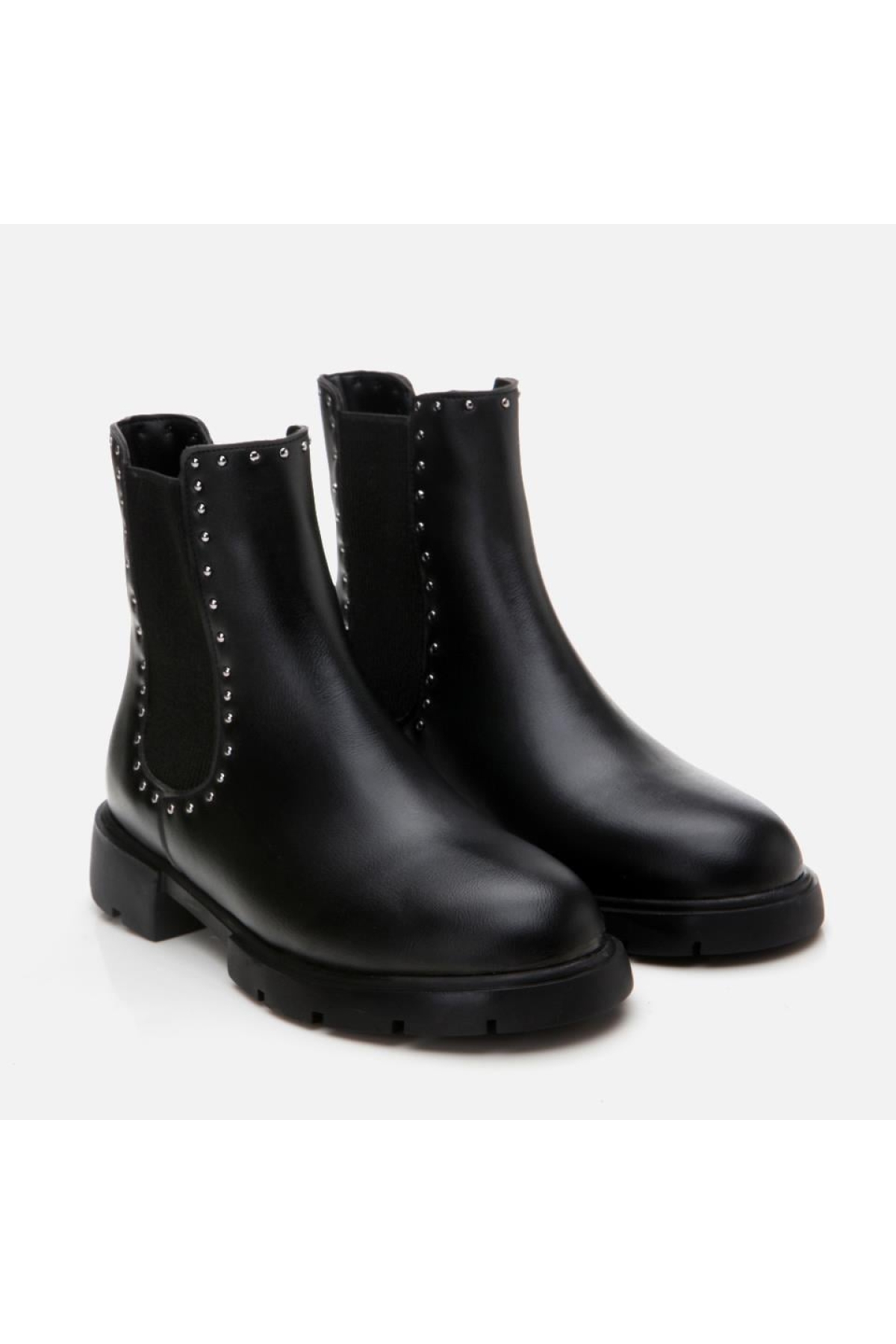 Siyah Kadın Zımbalı Düz Bot - Görsel 3