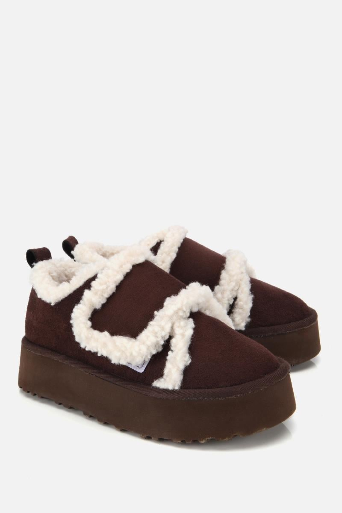 Kadın Süet Kahverengi İçi Kürklü Yüksek Tabanlı Kalın Bantlı Düz Ayakkabı - Görsel 3