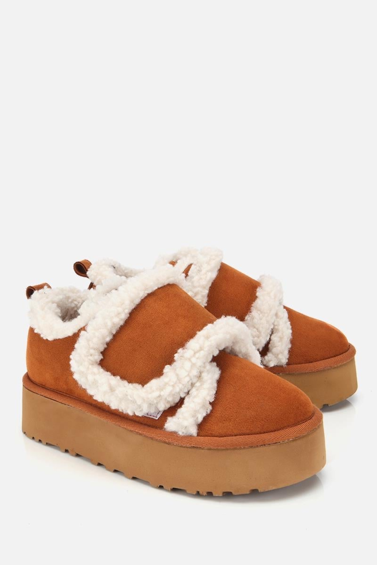 Kadın Süet Taba İçi Kürklü Yüksek Tabanlı Kalın Bantlı Düz Ayakkabı - Görsel 3