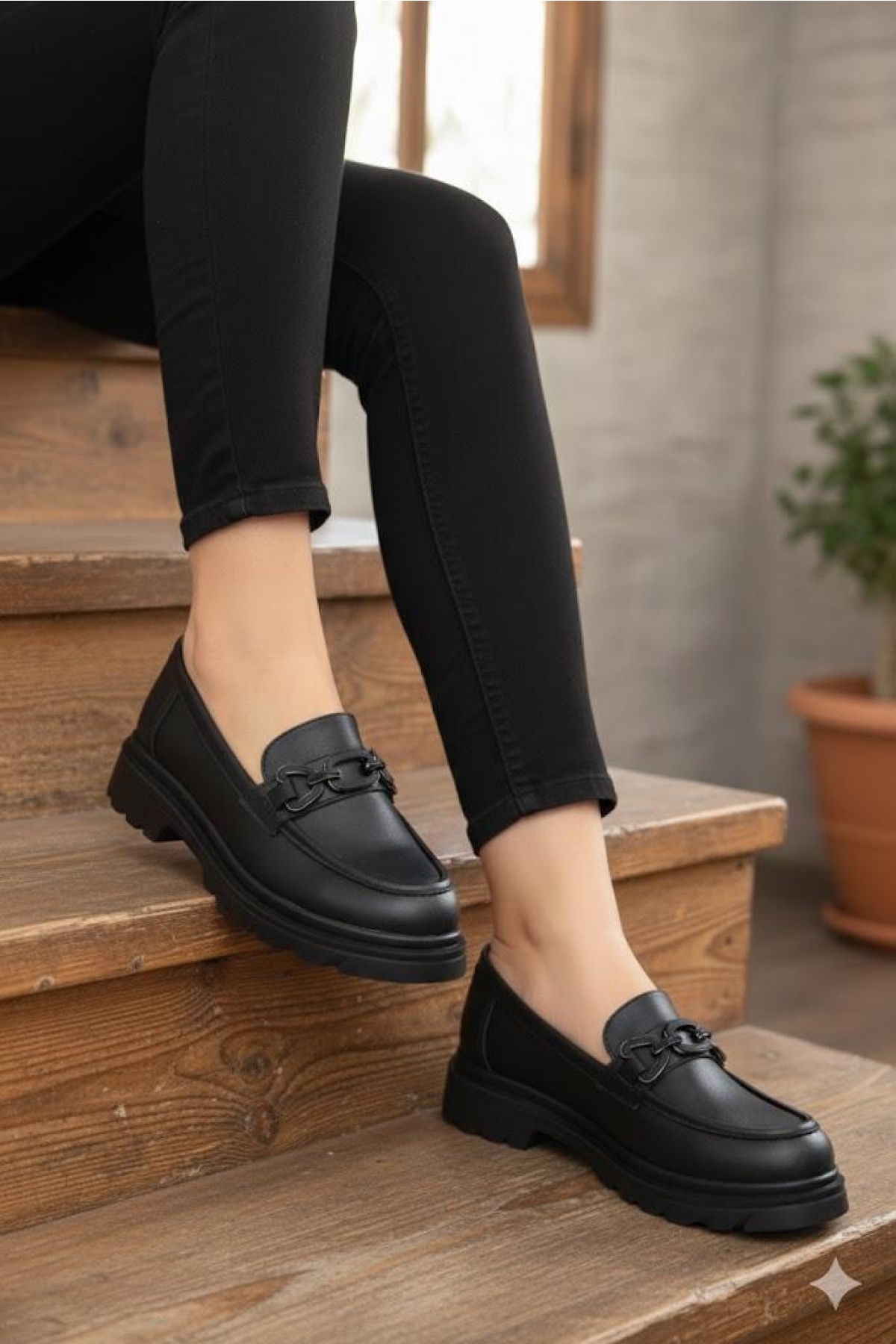 35834 Siyah Cilt Toka Detaylı Rahat Loafer Kadın Ayakkabı - Görsel 3