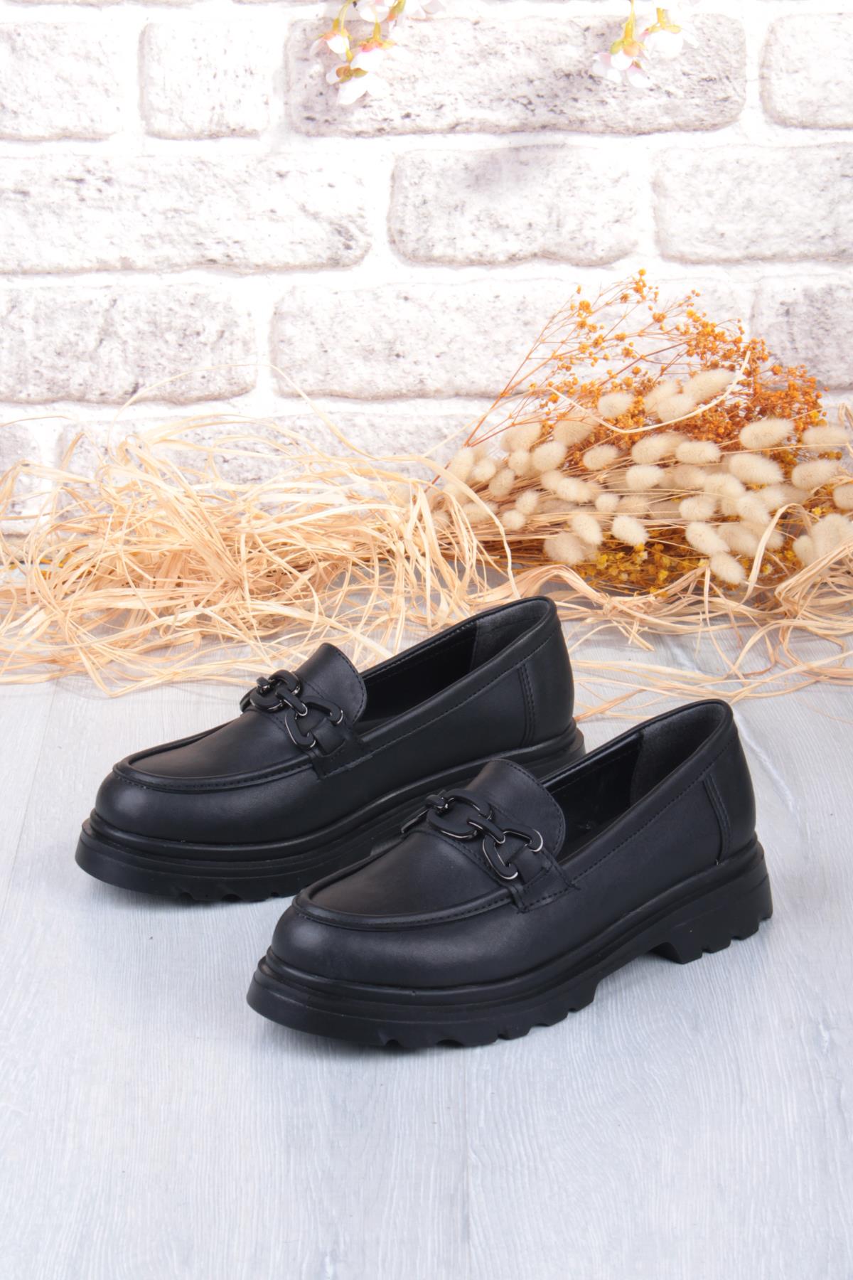 35834 Siyah Cilt Toka Detaylı Rahat Loafer Kadın Ayakkabı - Görsel 6