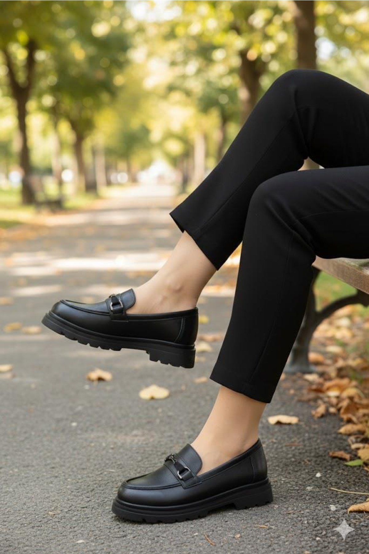 35830 Siyah Cilt Toka Detaylı Rahat Loafer Kadın Ayakkabı - Görsel 6