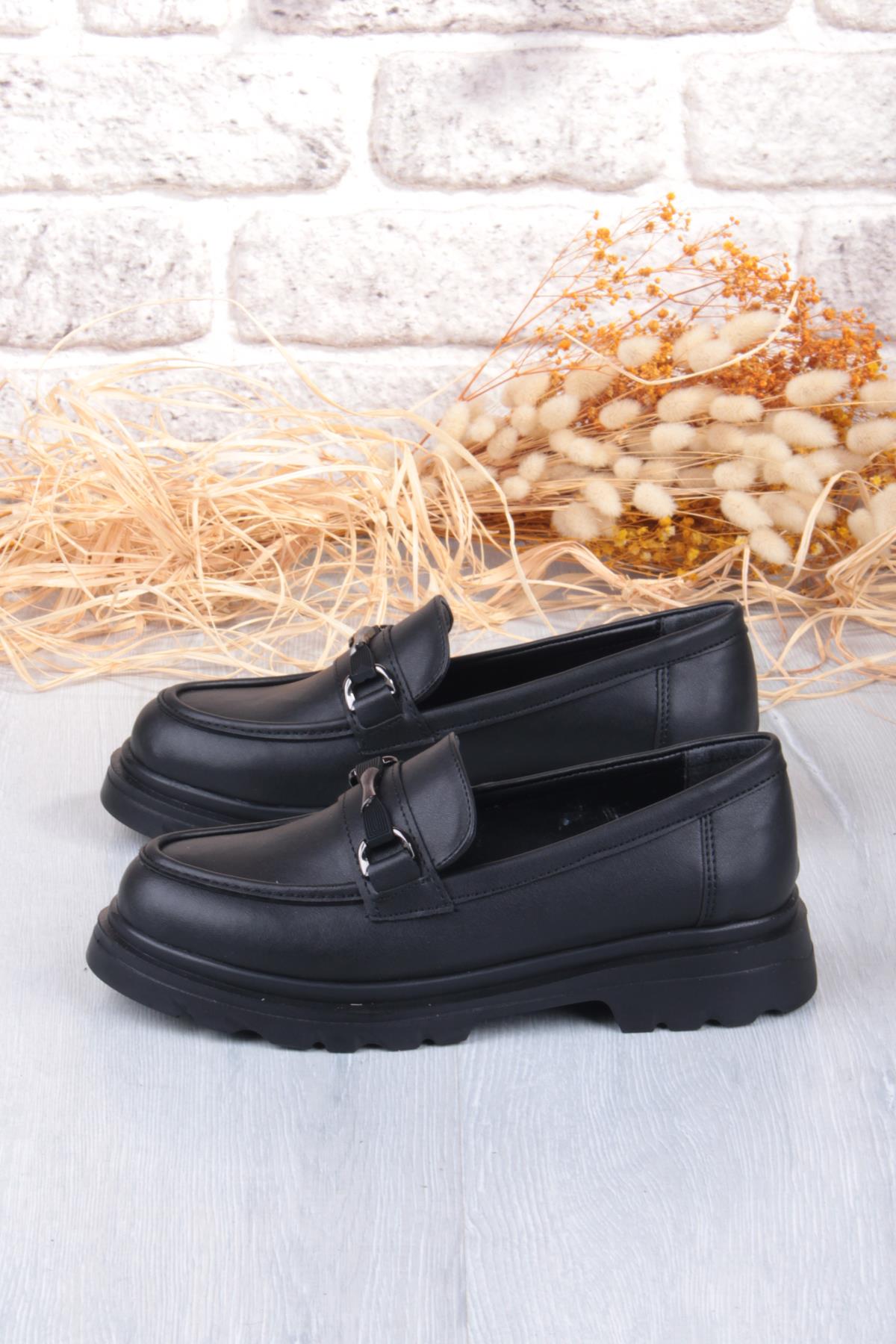 35830 Siyah Cilt Toka Detaylı Rahat Loafer Kadın Ayakkabı - Görsel 7