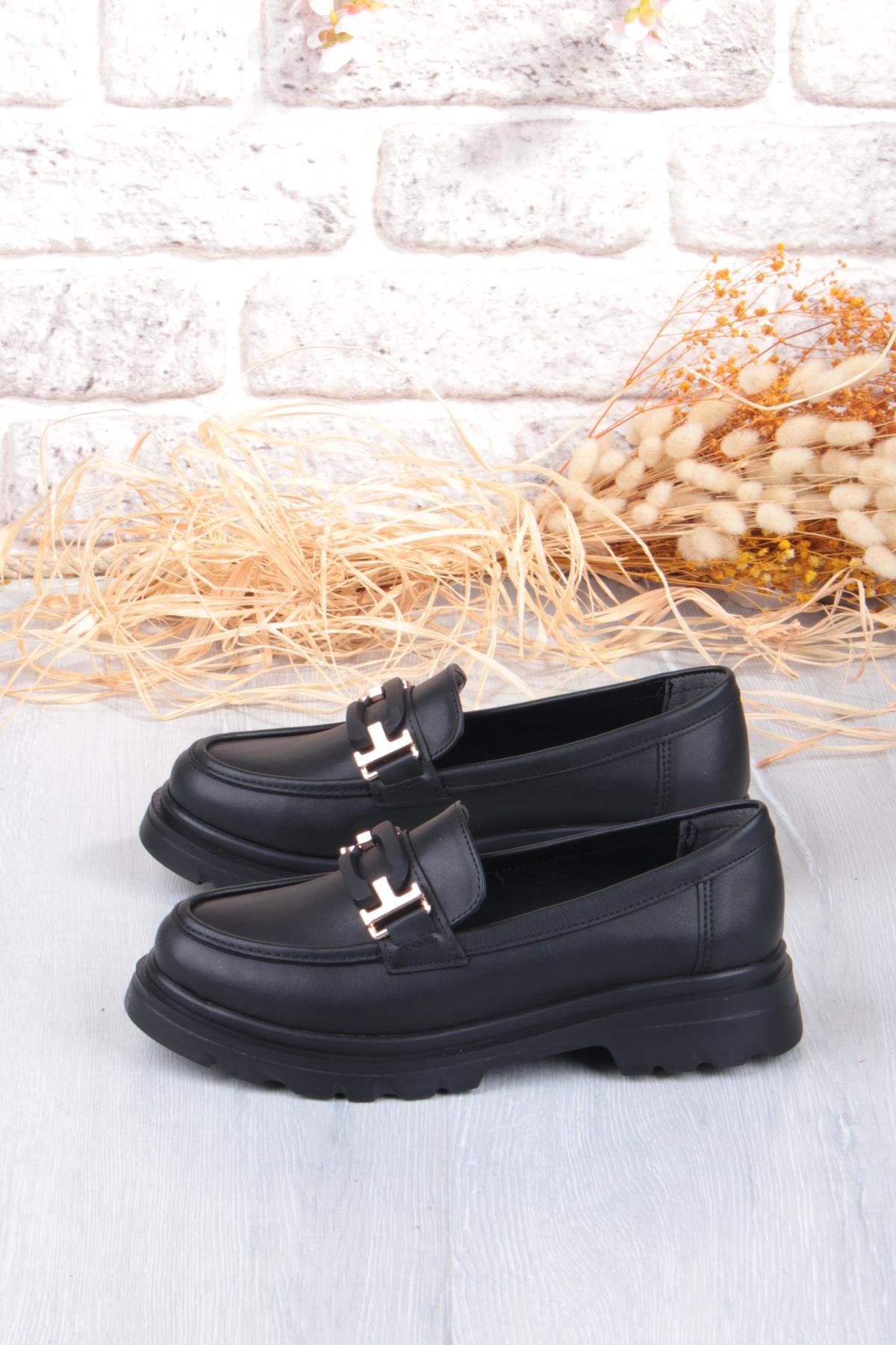 35832 Siyah Cilt Toka Detaylı Rahat Loafer Kadın Ayakkabı - Görsel 7