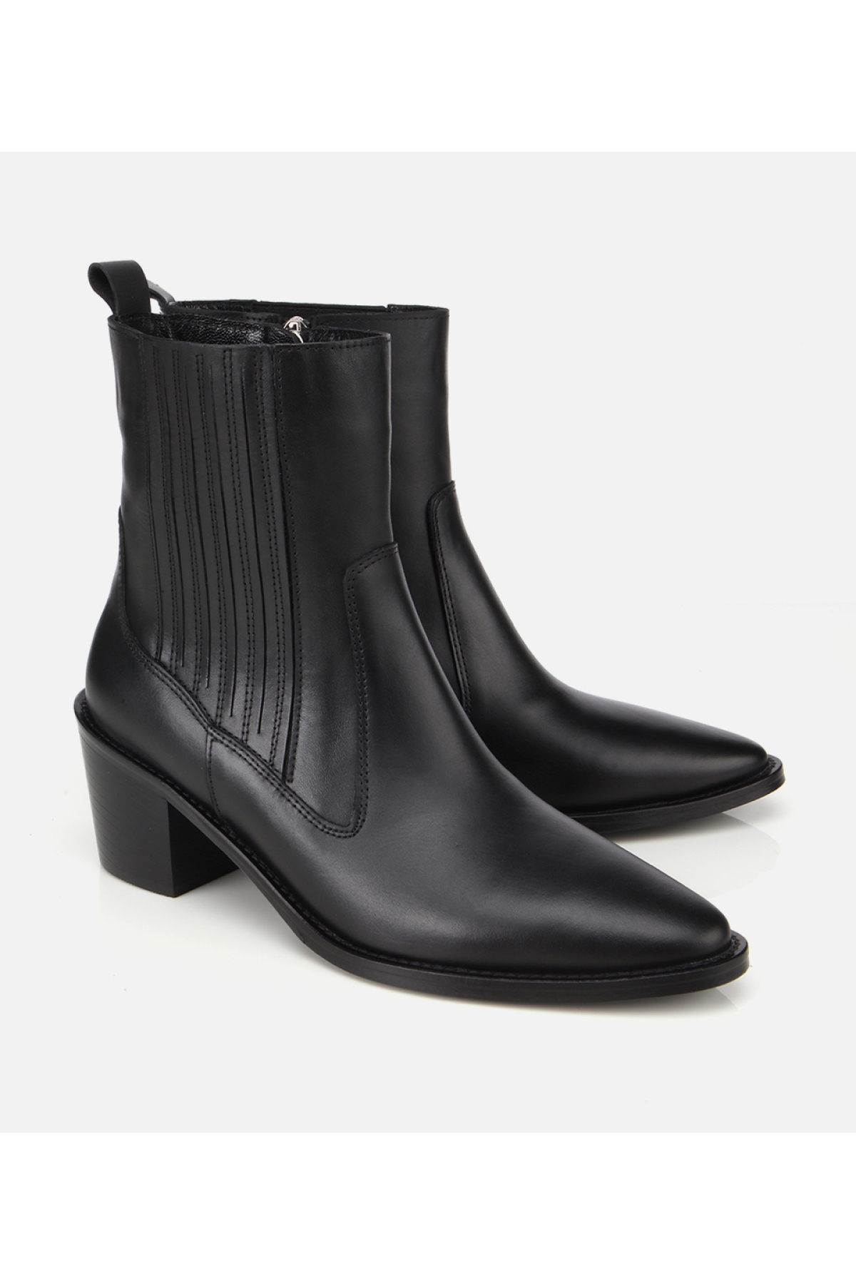 Kadın Deri Siyah Lastik Detaylı Fermuarlı Kovboy Düz Bot - Görsel 2