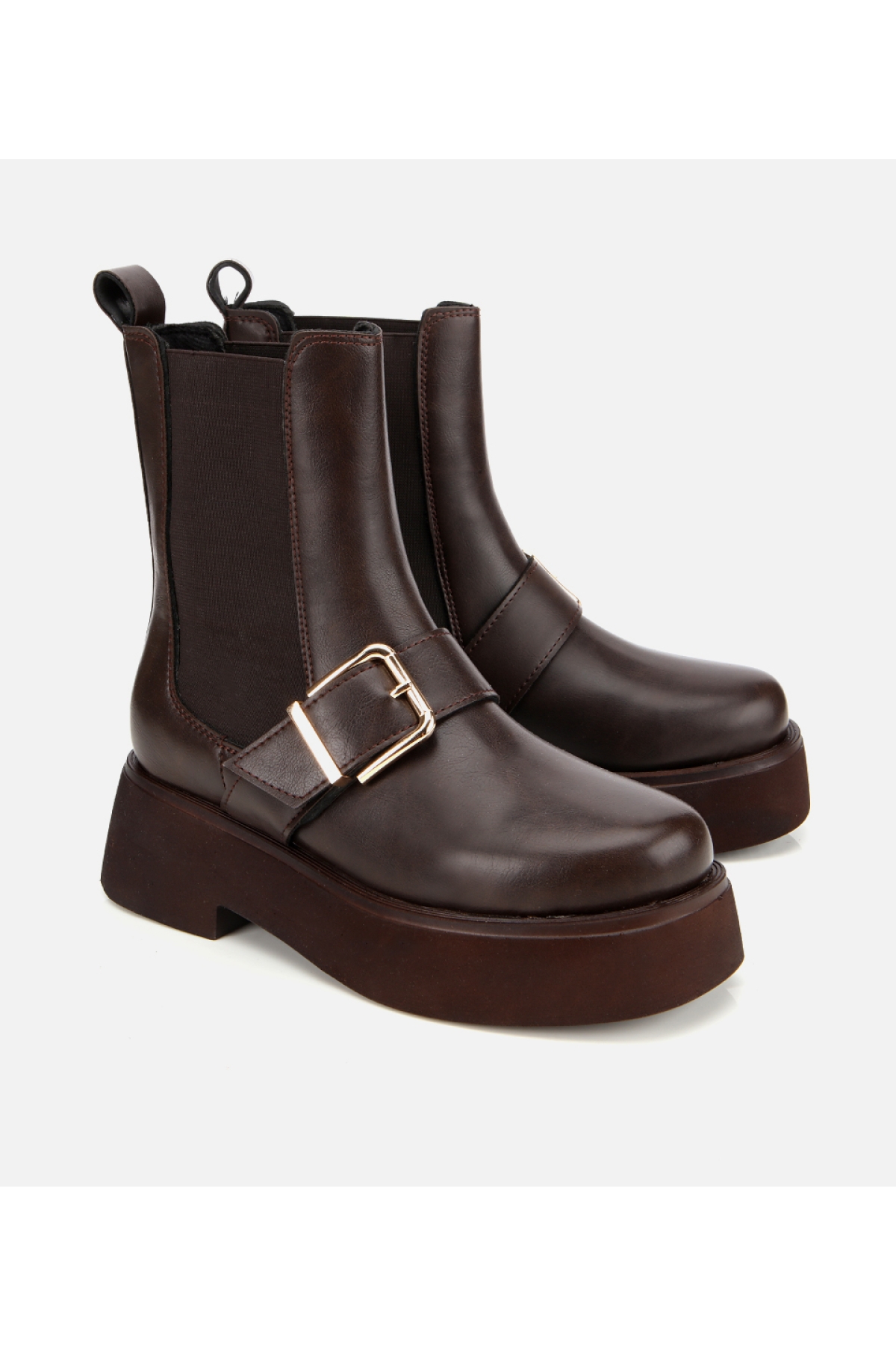 Kadın Kahverengi Lastik Detaylı Tokalı Kalın Tabanlı Düz Bot - Görsel 2