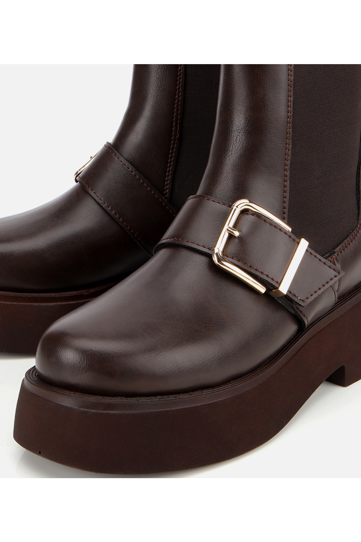 Kadın Kahverengi Lastik Detaylı Tokalı Kalın Tabanlı Düz Bot - Görsel 3