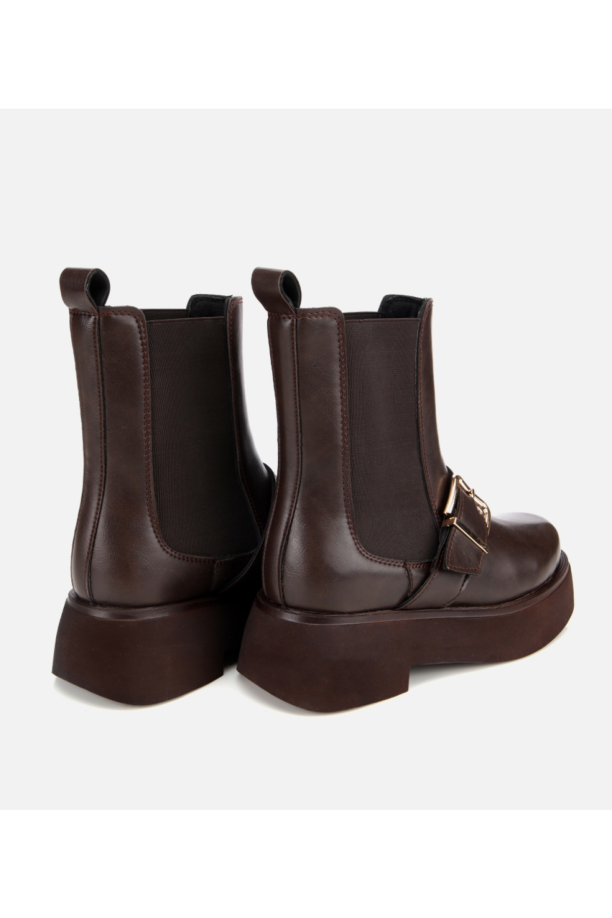 Kadın Kahverengi Lastik Detaylı Tokalı Kalın Tabanlı Düz Bot - Görsel 4