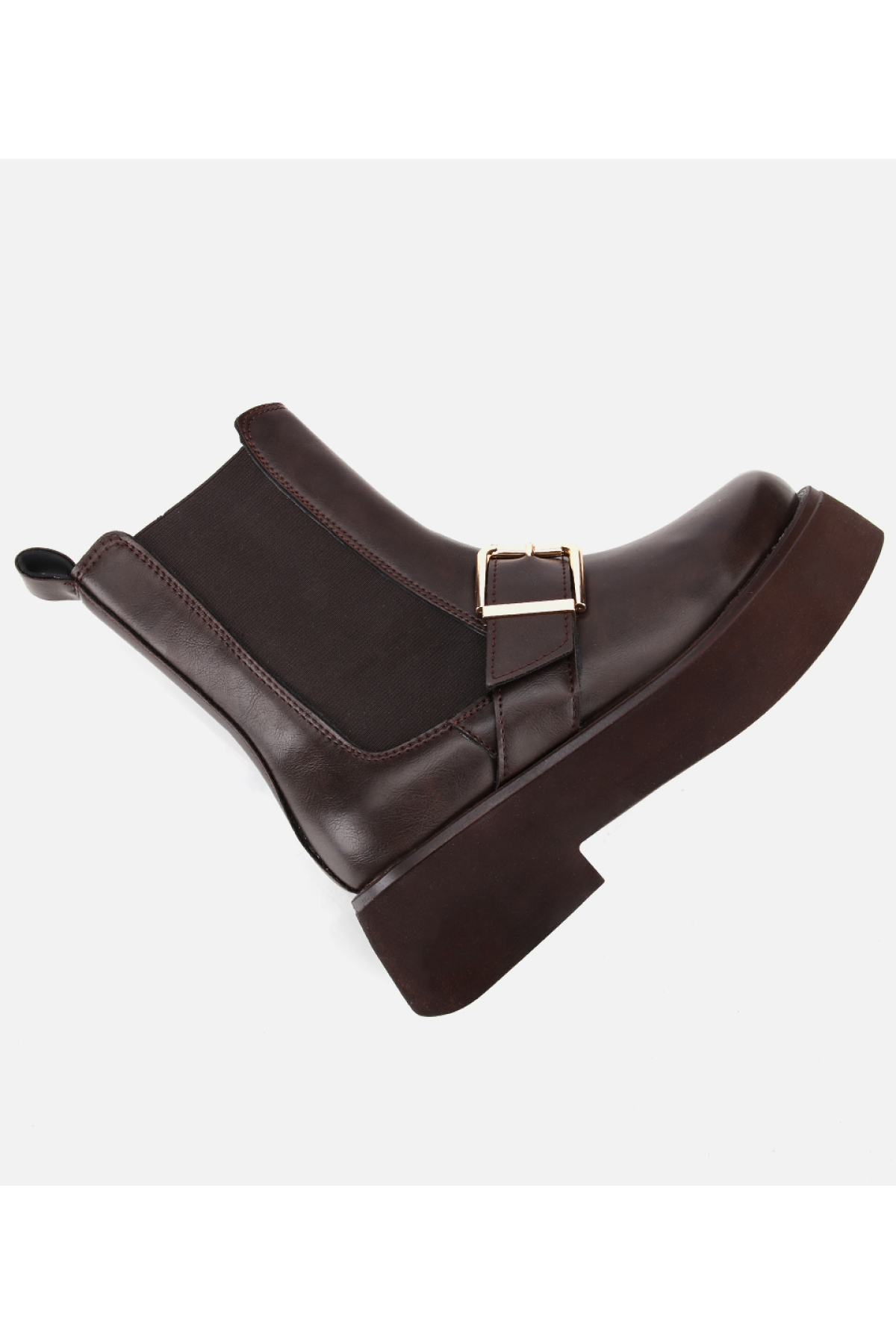 Kadın Kahverengi Lastik Detaylı Tokalı Kalın Tabanlı Düz Bot - Görsel 6