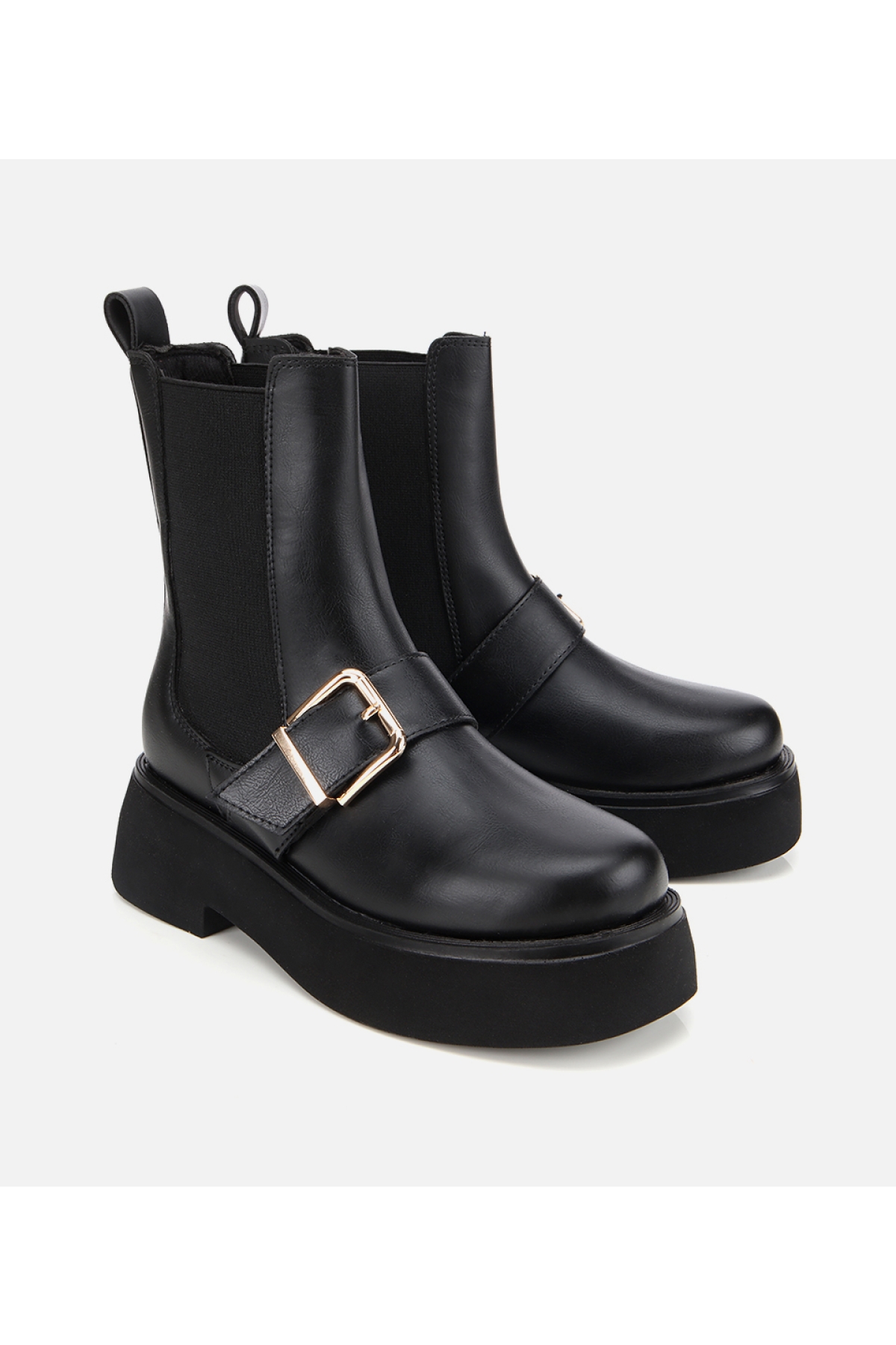 Kadın Siyah Lastik Detaylı Tokalı Kalın Tabanlı Düz Bot - Görsel 2