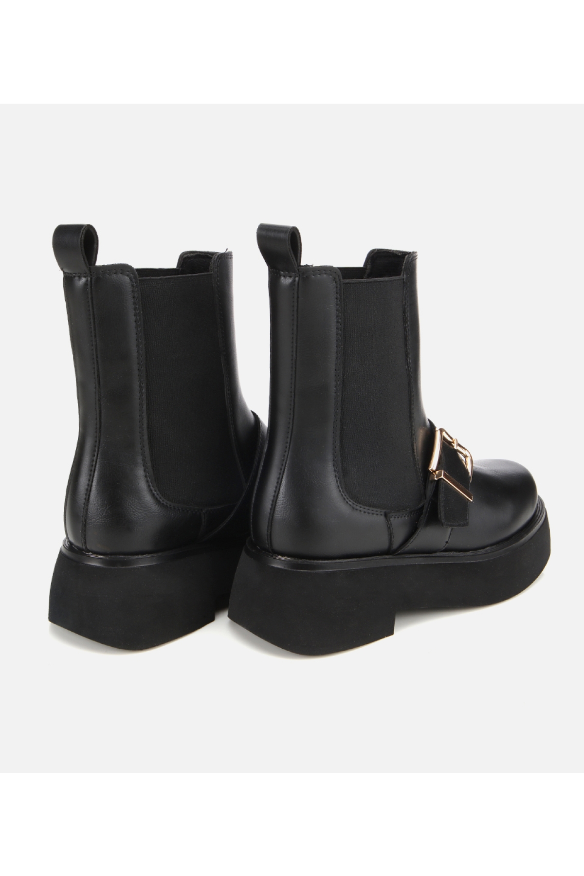 Kadın Siyah Lastik Detaylı Tokalı Kalın Tabanlı Düz Bot - Görsel 4