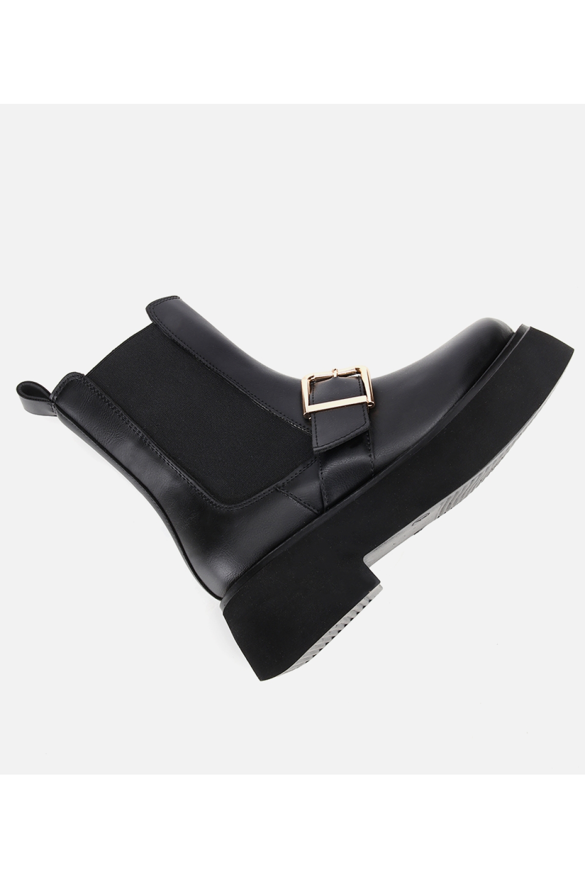 Kadın Siyah Lastik Detaylı Tokalı Kalın Tabanlı Düz Bot - Görsel 6