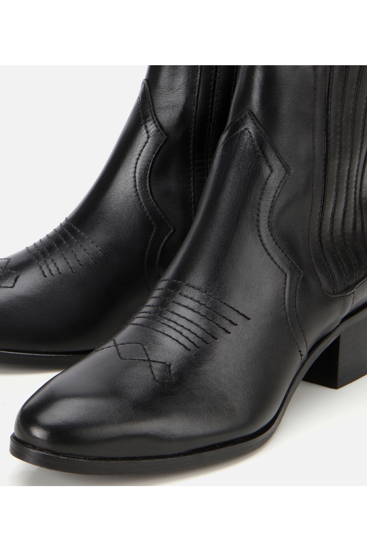 Kadın Deri Siyah İşlemeli Western Düz Bot - Görsel 3