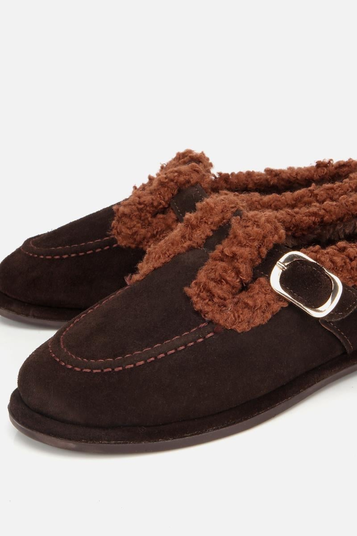 Kadın Süet Deri Kahverengi İçi Kürklü Tokalı Günlük Loafer - Görsel 4