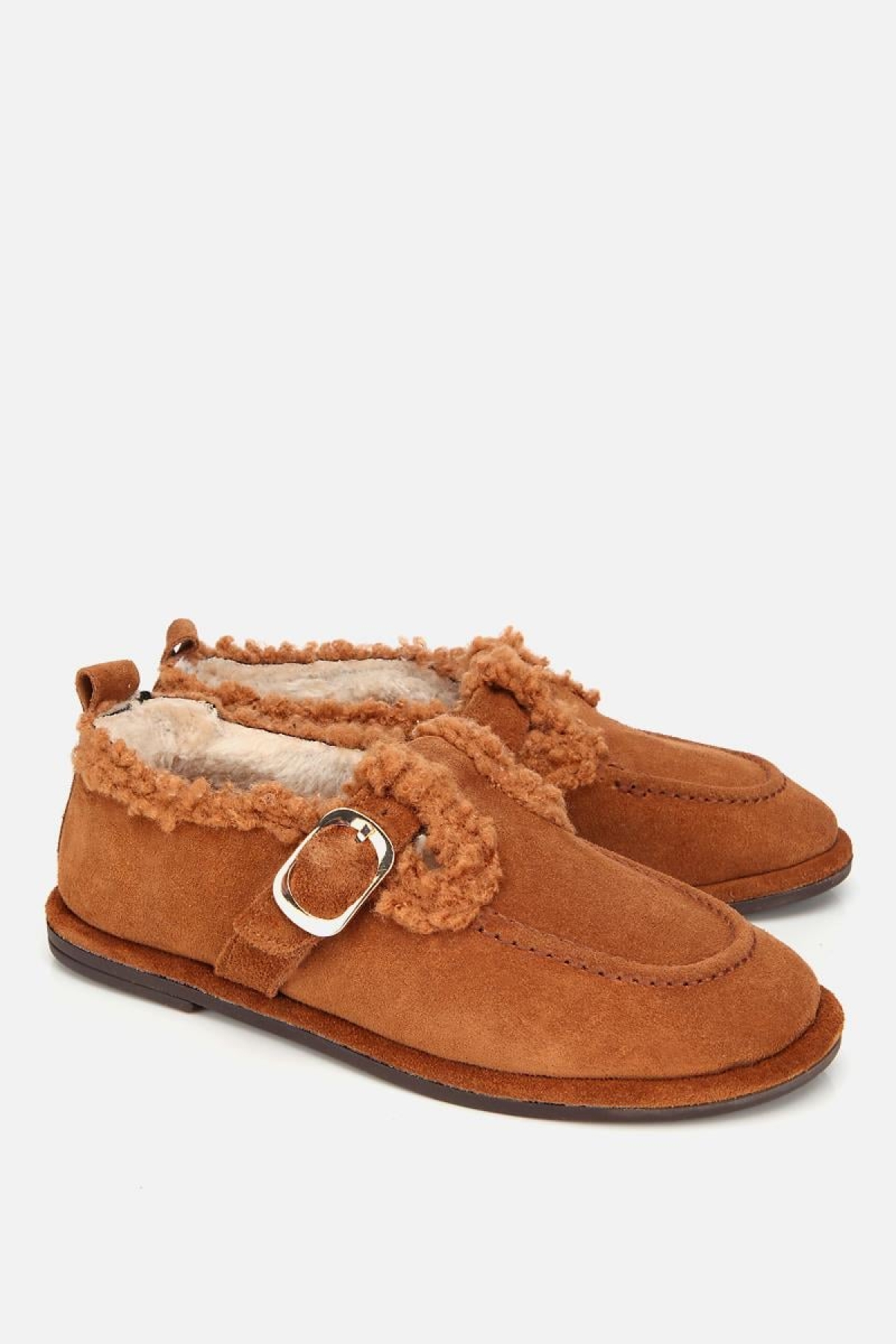 Kadın Süet Deri Taba İçi Kürklü Tokalı Günlük Loafer - Görsel 3