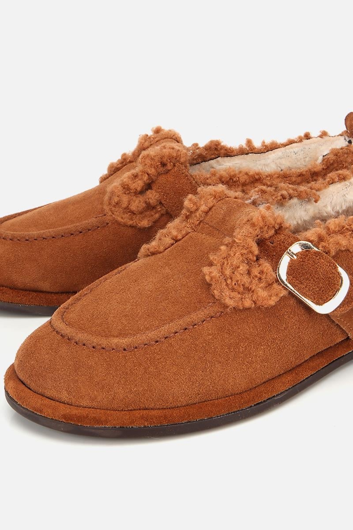 Kadın Süet Deri Taba İçi Kürklü Tokalı Günlük Loafer - Görsel 4