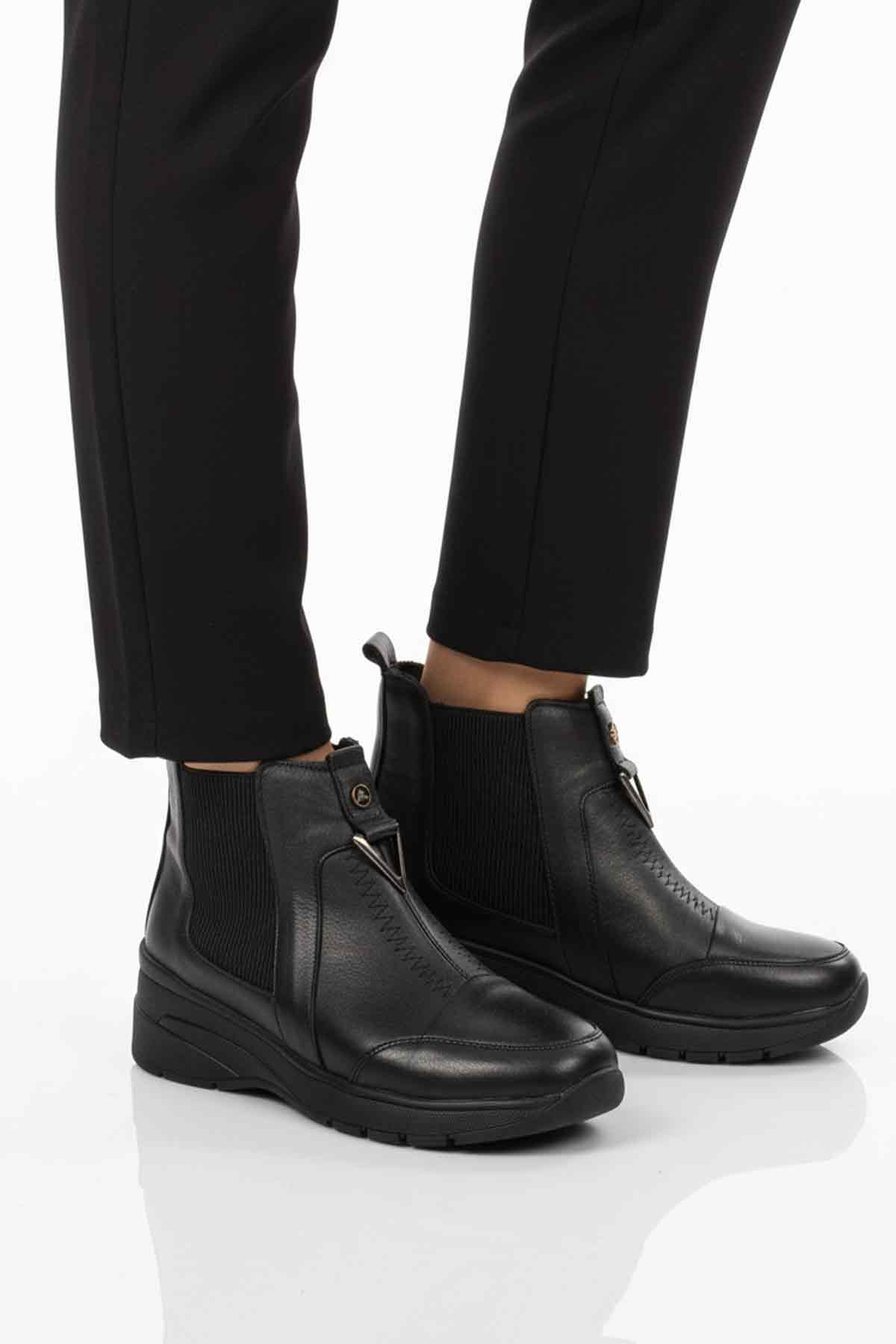 Aspor Siyah Hakiki Deri İçi Polarlı Kadın Düz Bot