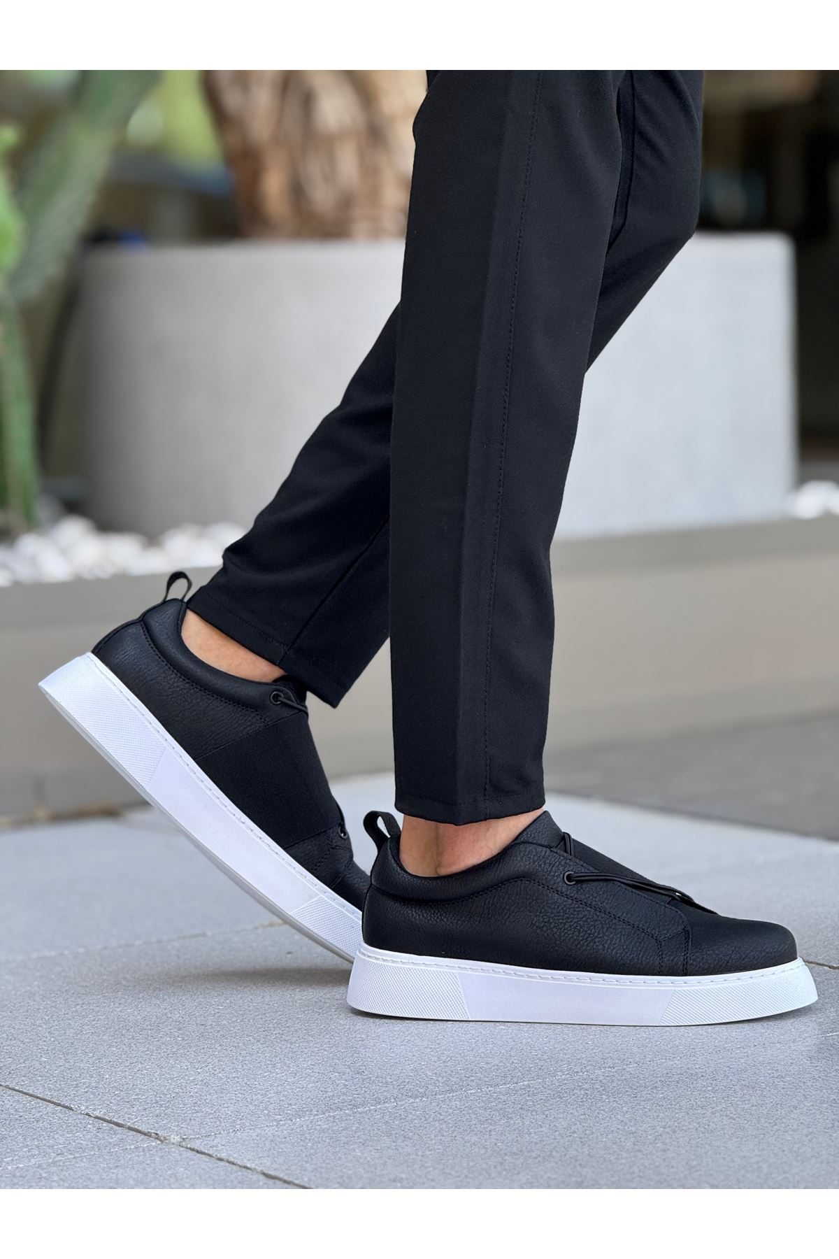 Lastikli Erkek Günlük Ayakkabı Siyah (Beyaz Taban) - Görsel 2