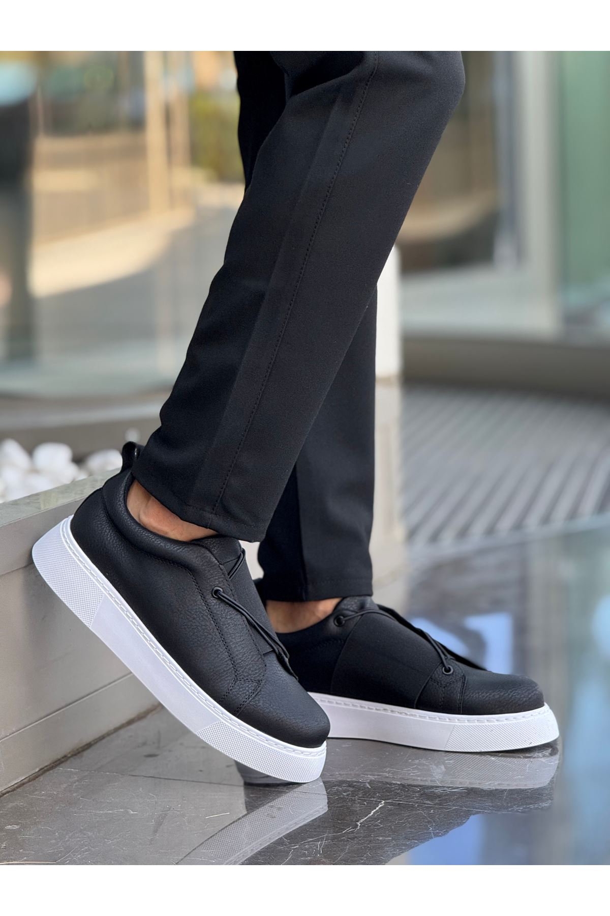 Lastikli Erkek Günlük Ayakkabı Siyah (Beyaz Taban) - Görsel 3