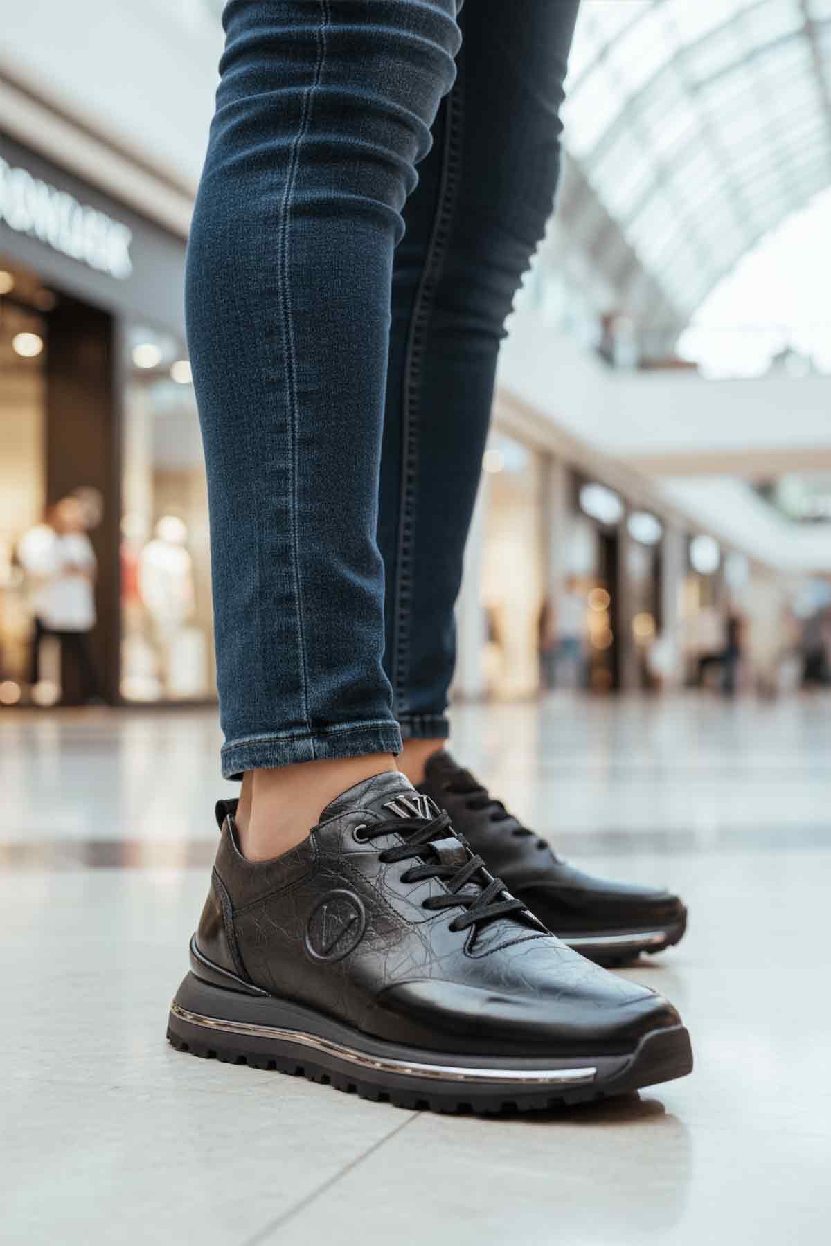 Siyah Hakiki Deri Bağcıklı Erkek Sneaker - Görsel 3