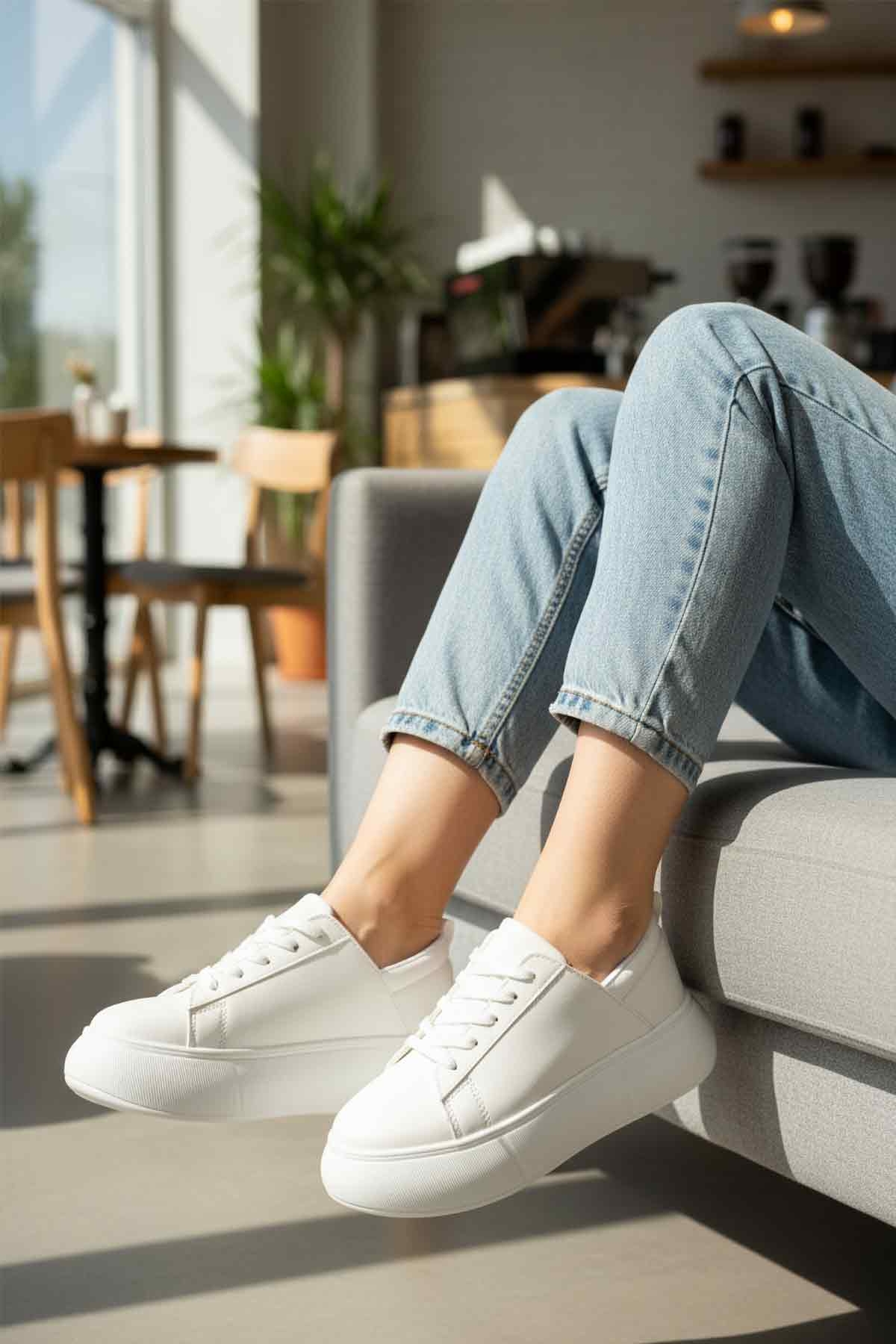 Aspor Beyaz Bağcıklı Kadın Spor Ayakkabı - Görsel 3