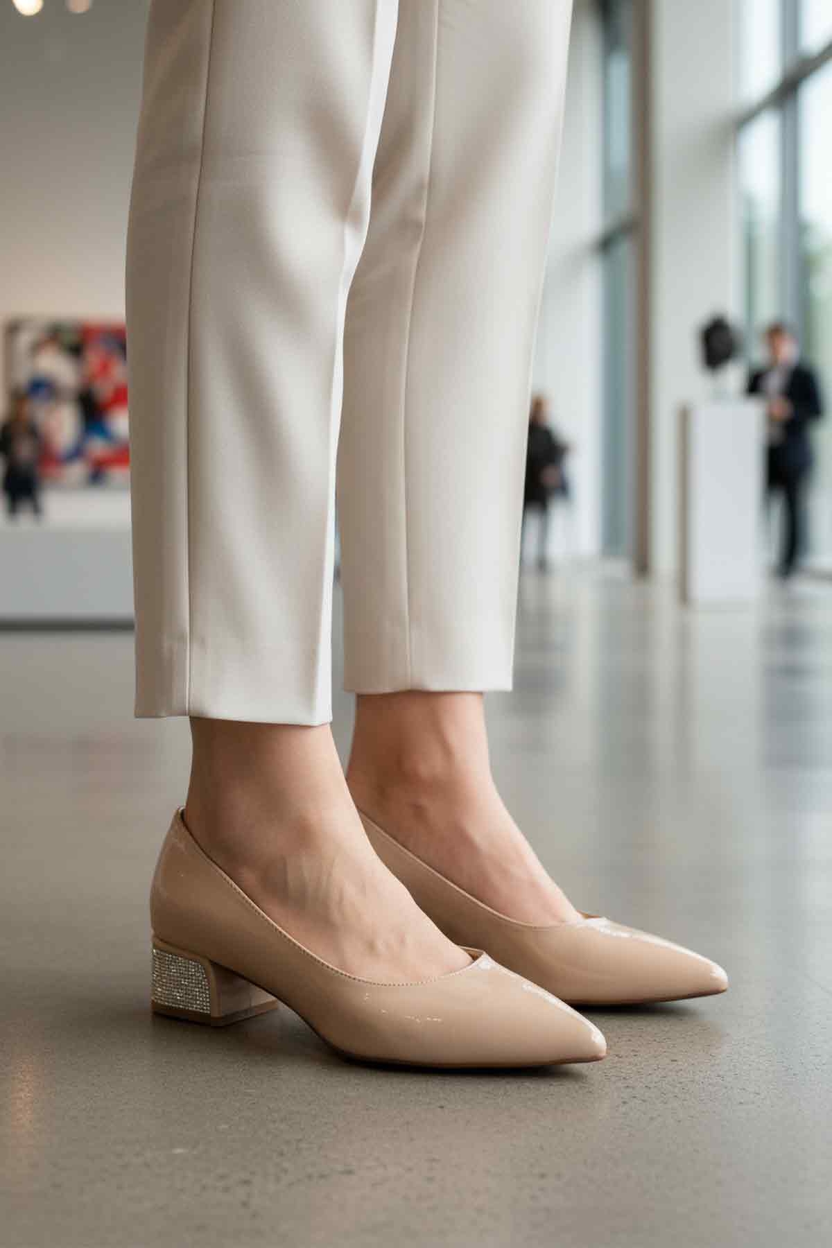 Aspor Bej Kırışık Taş İşlemeli Kadın Topuklu Ayakkabı - Görsel 3