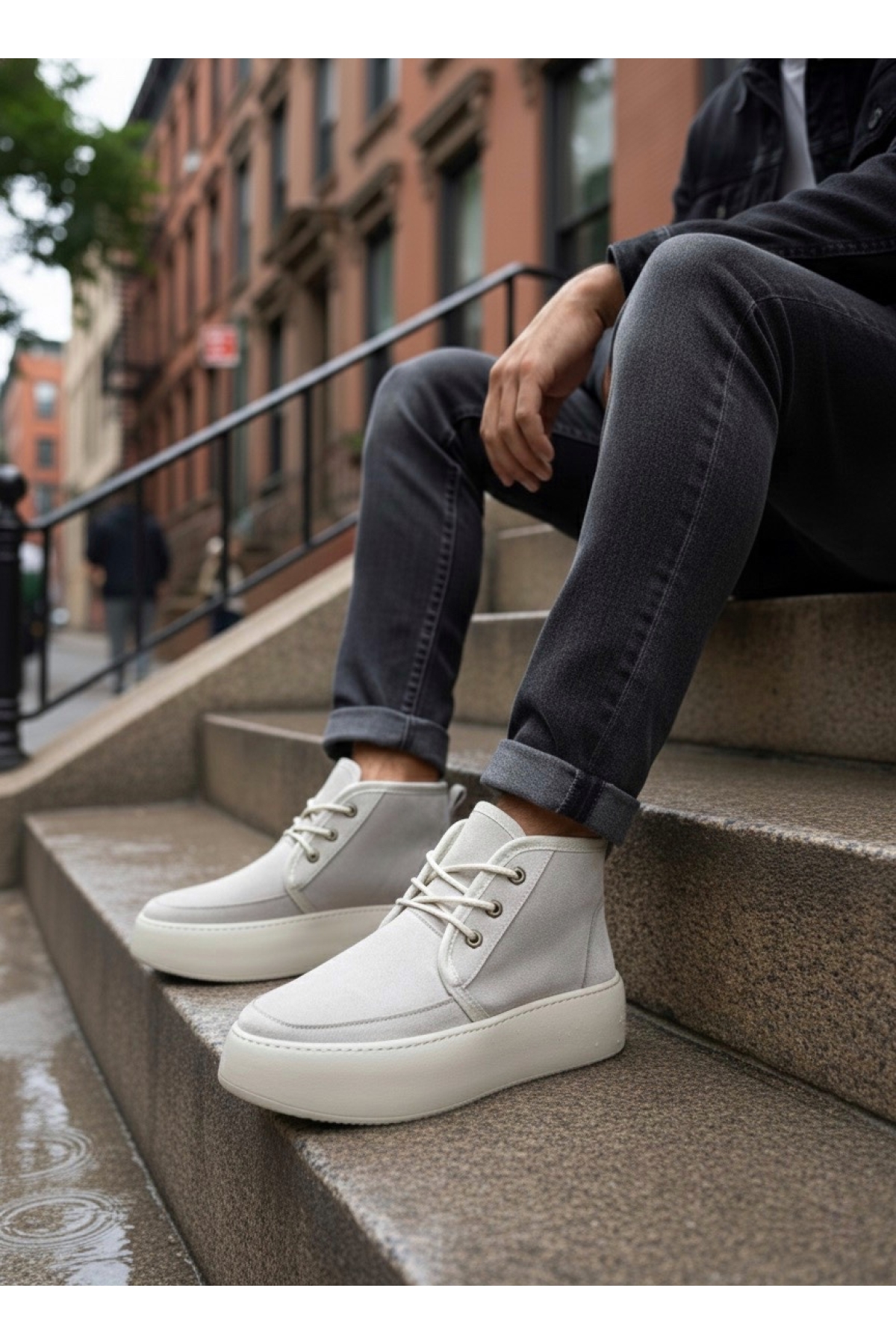 Bağcıklı İçi Kürklü Erkek Sneaker Bot KREM SÜET (BEYAZ TABAN) - Görsel 1