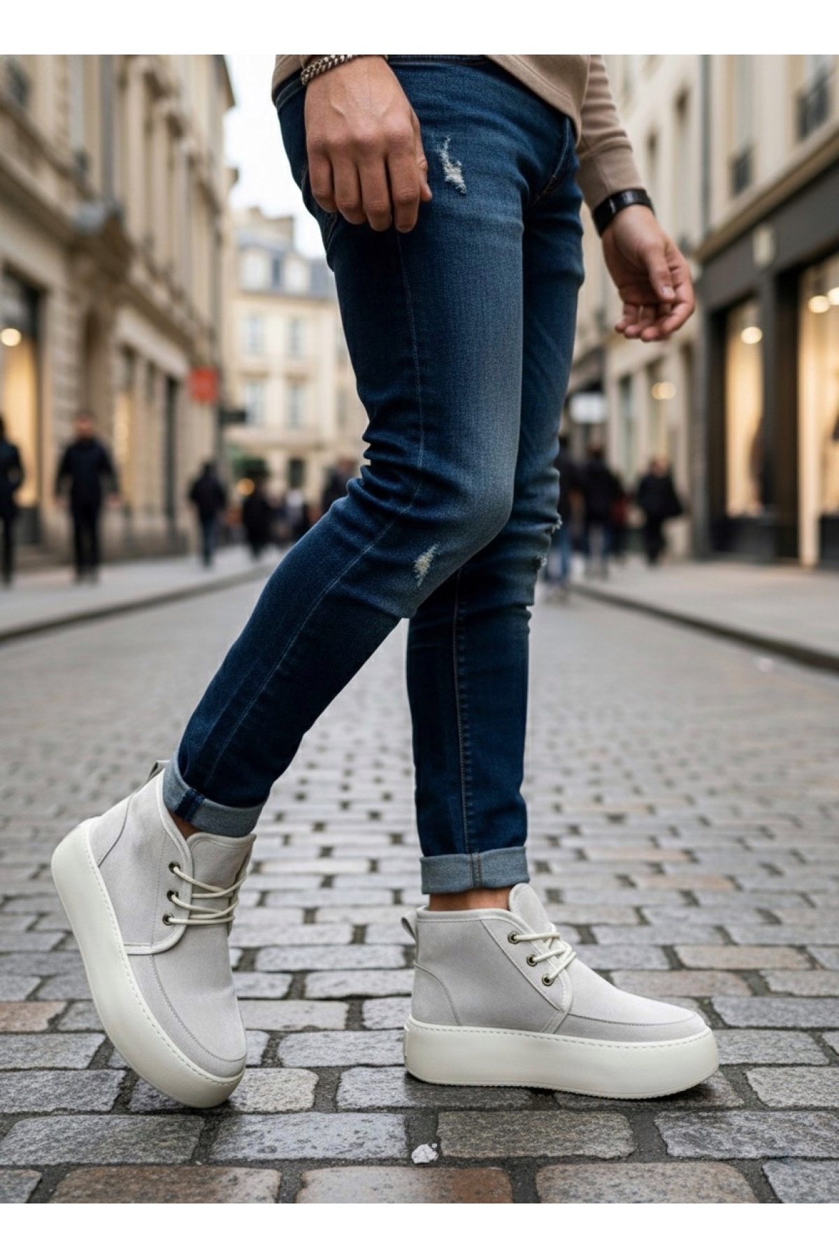 Bağcıklı İçi Kürklü Erkek Sneaker Bot KREM SÜET (BEYAZ TABAN) - Görsel 2