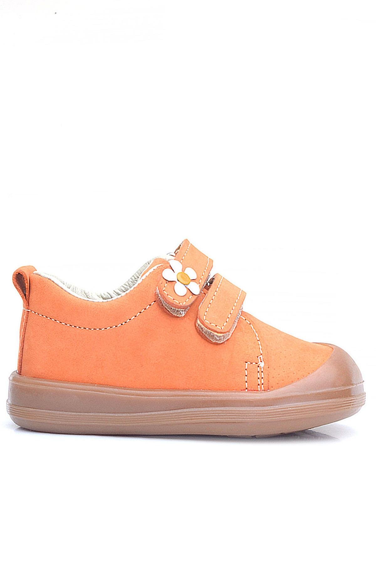 Sonic Hakiki Deri Turuncu Cırtlı Çiçekli Kız Bebek Sneaker Ayakkabı - Görsel 3