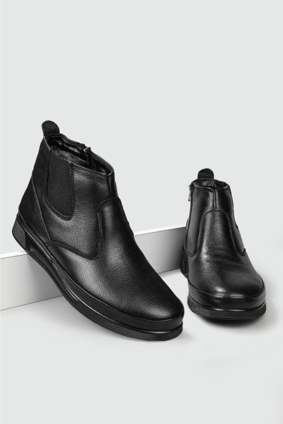 Erkek Siyah Hakiki Deri İçi Kürklü Fermuarlı Lastikli Bot - Görsel 3