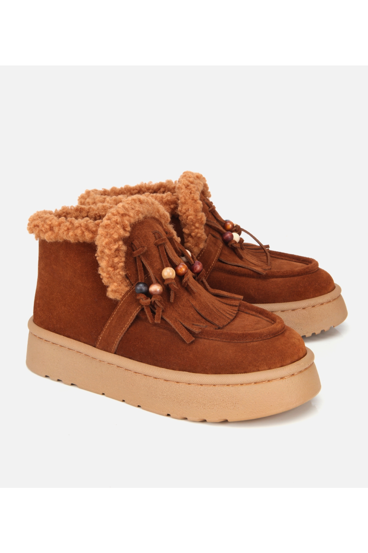 Kadın Süet Deri Taba İçi Kürklü Saçaklı Püskül Detaylı Düz Bot - Görsel 4