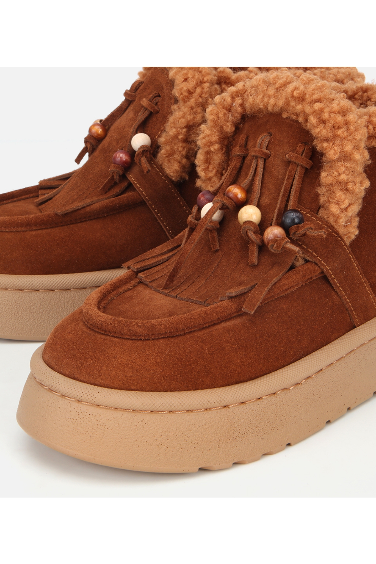 Kadın Süet Deri Taba İçi Kürklü Saçaklı Püskül Detaylı Düz Bot - Görsel 5