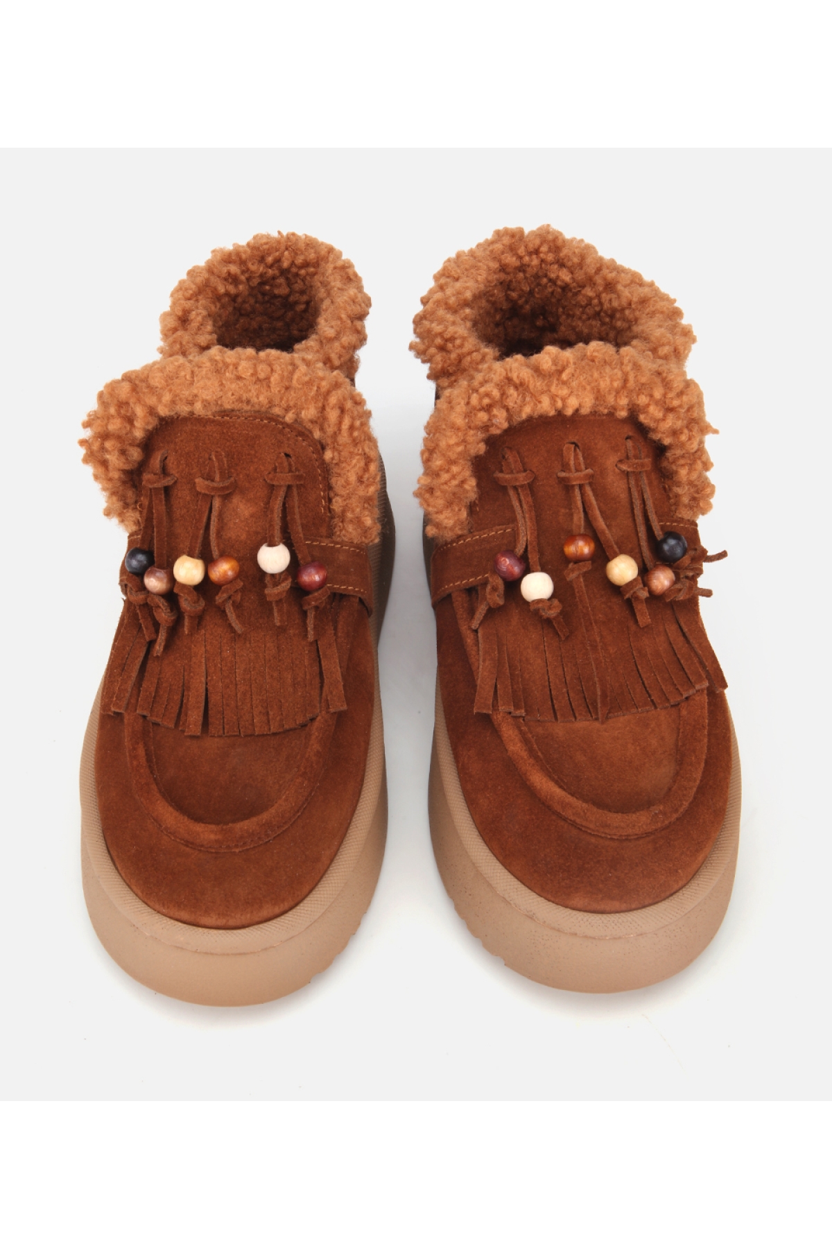 Kadın Süet Deri Taba İçi Kürklü Saçaklı Püskül Detaylı Düz Bot - Görsel 8