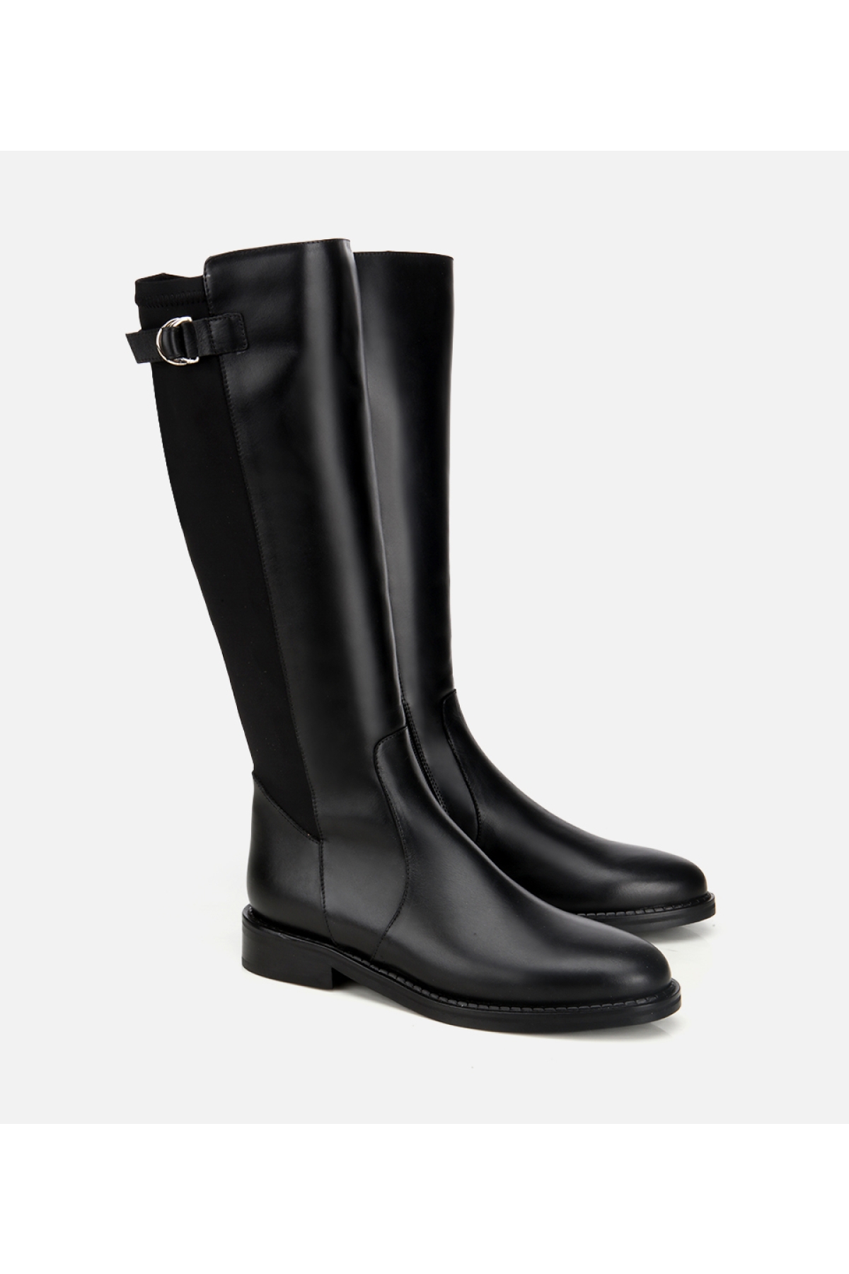 Kadın Deri Siyah Tokalı Streç Detaylı Düz Çizme - Görsel 3