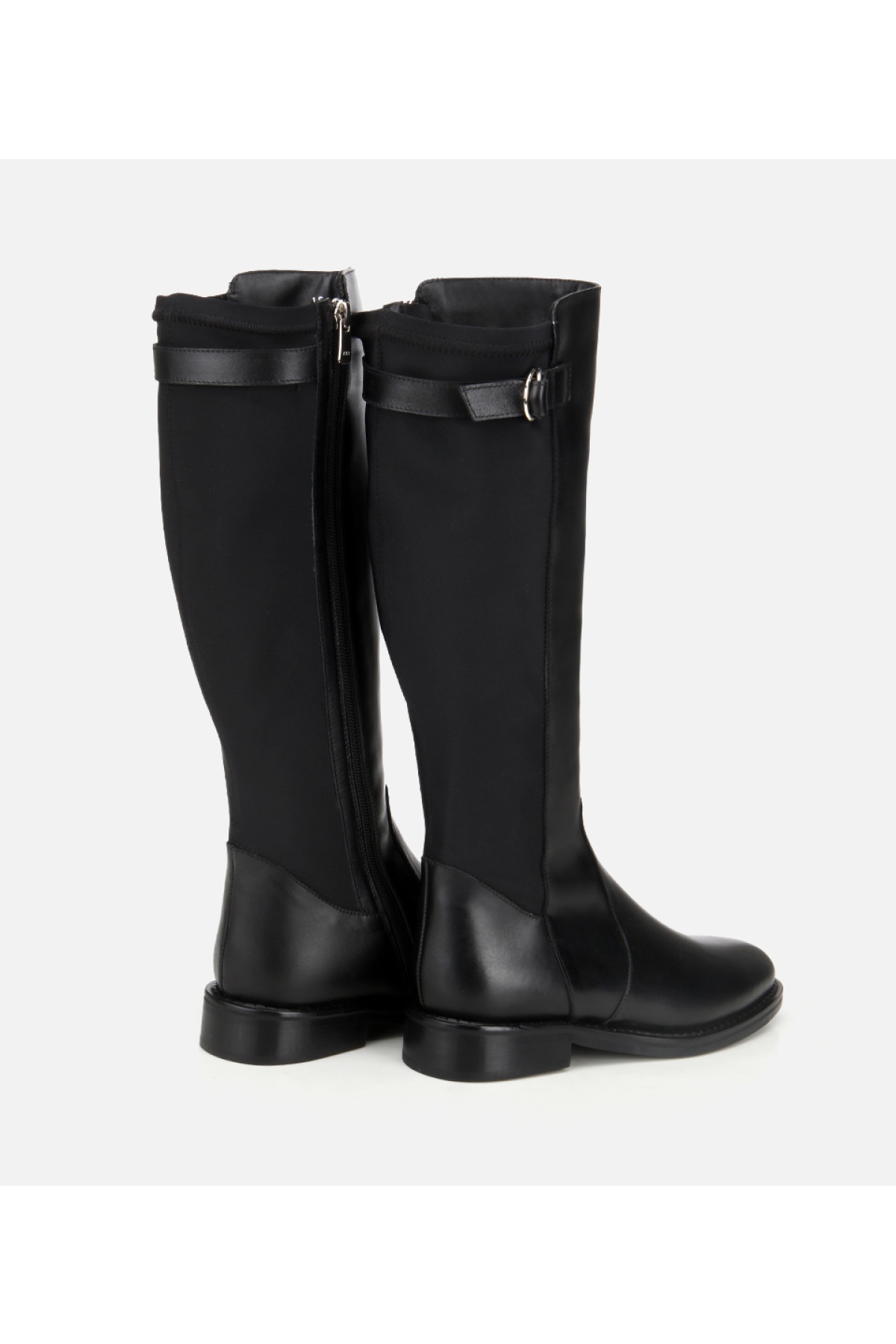 Kadın Deri Siyah Tokalı Streç Detaylı Düz Çizme - Görsel 5