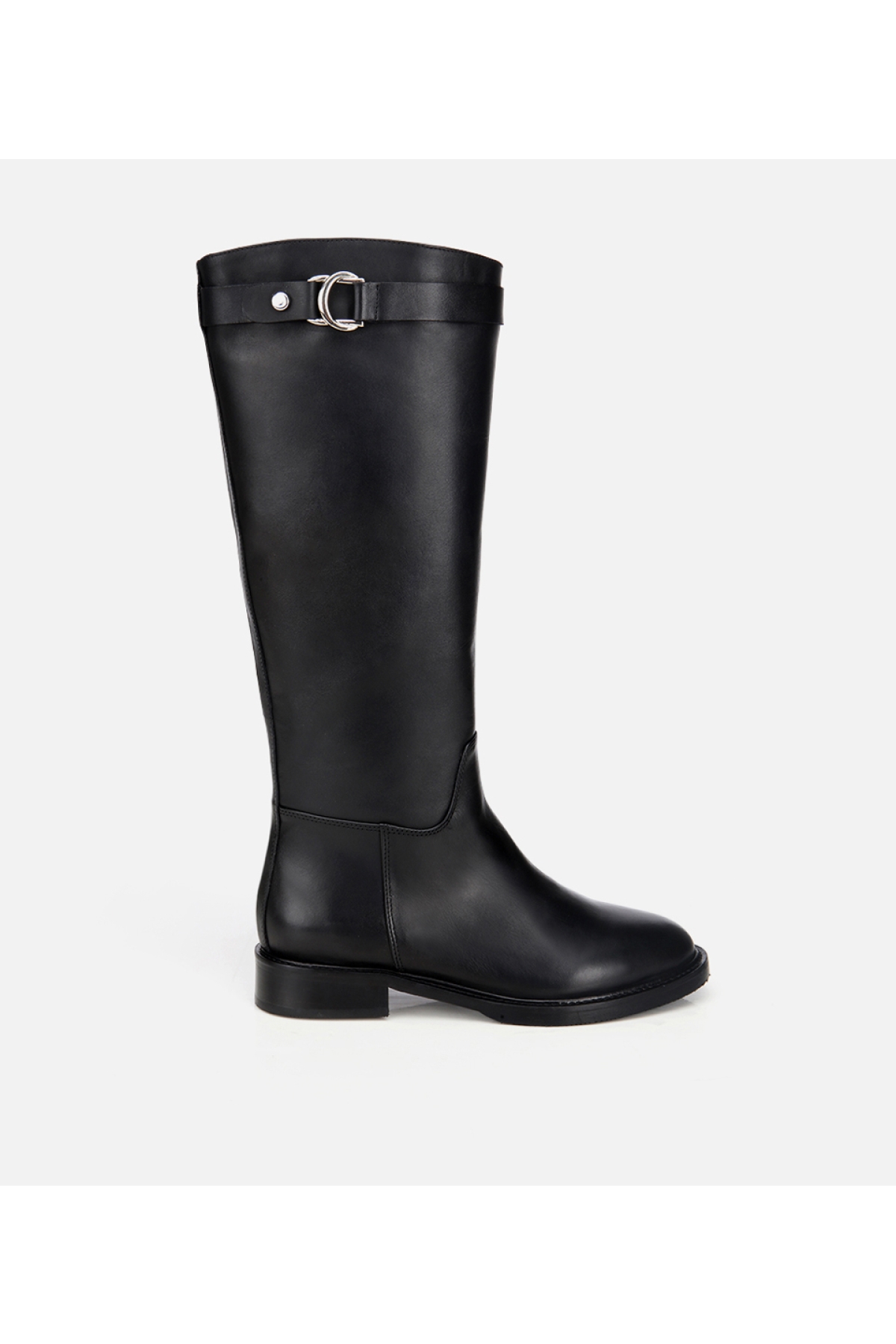 Kadın Deri Siyah Tokalı Binici Düz Çizme - Görsel 2
