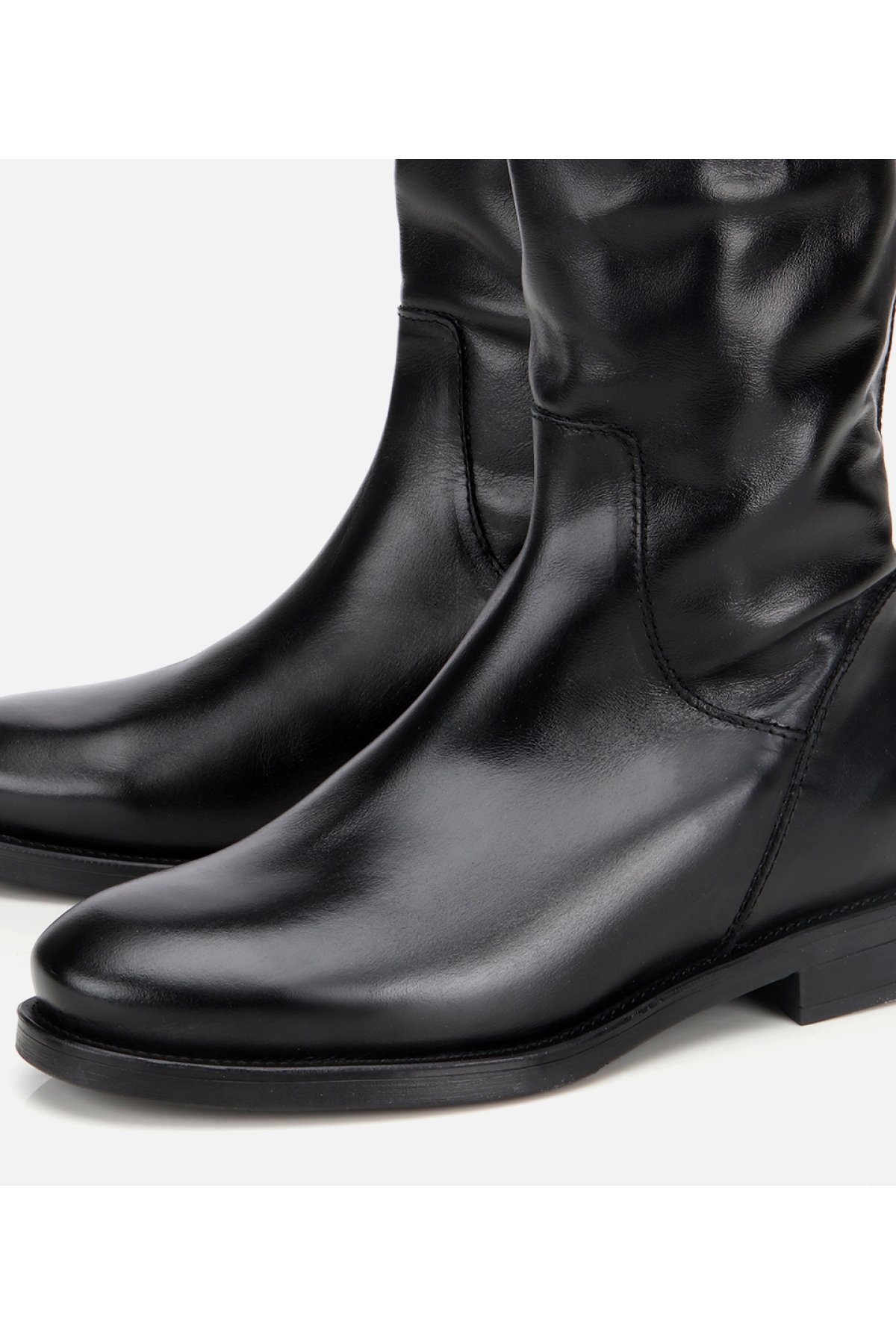 Kadın Deri Siyah Arkası Fermuar Detaylı Binici Düz Çizme - Görsel 4