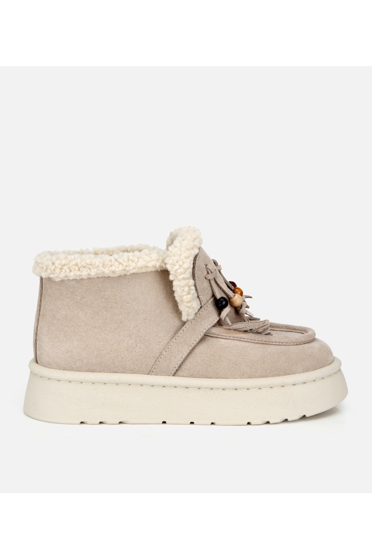 Kadın Süet Deri Bej İçi Kürklü Saçaklı Püskül Detaylı Düz Bot - Görsel 2